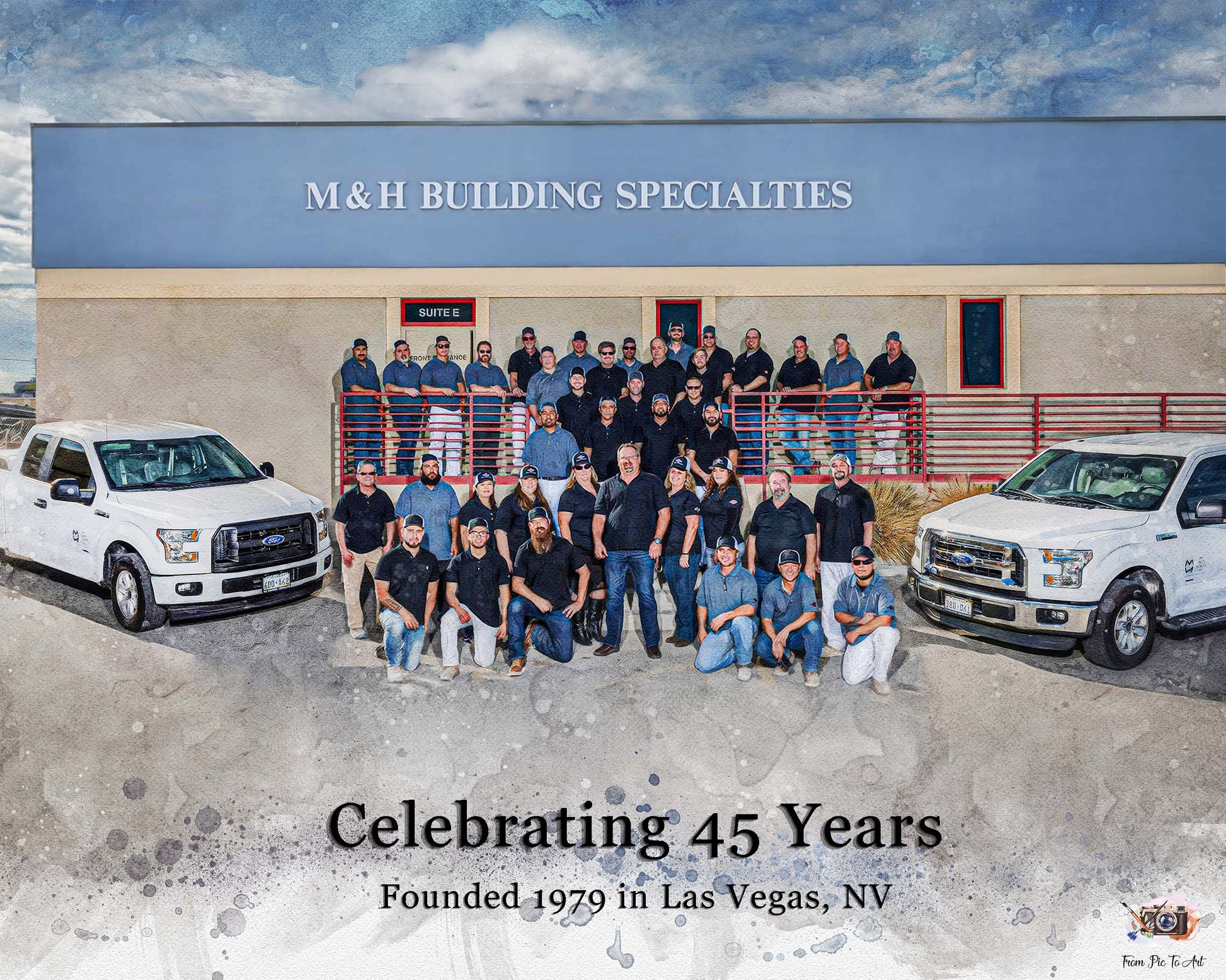 Custom corporate group portrait painting of a large team posing outdoors in front of a company building. Personalized employee appreciation gift for staff recognition and corporate gift idea