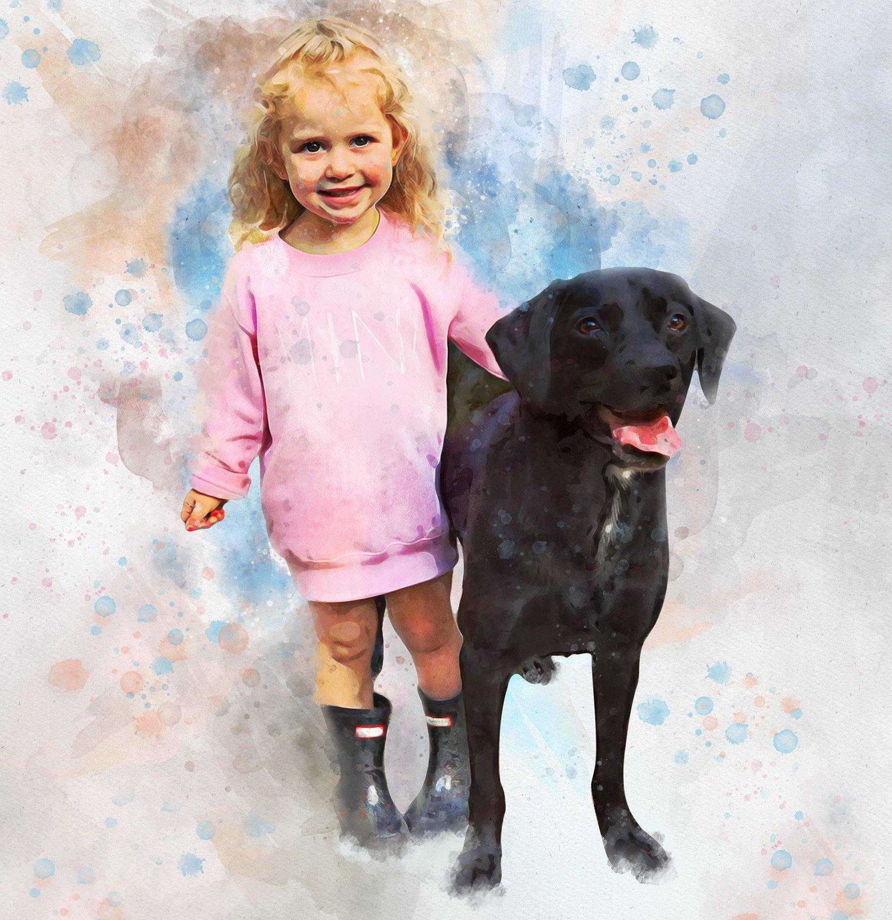 A little girl is standing next to her black dog