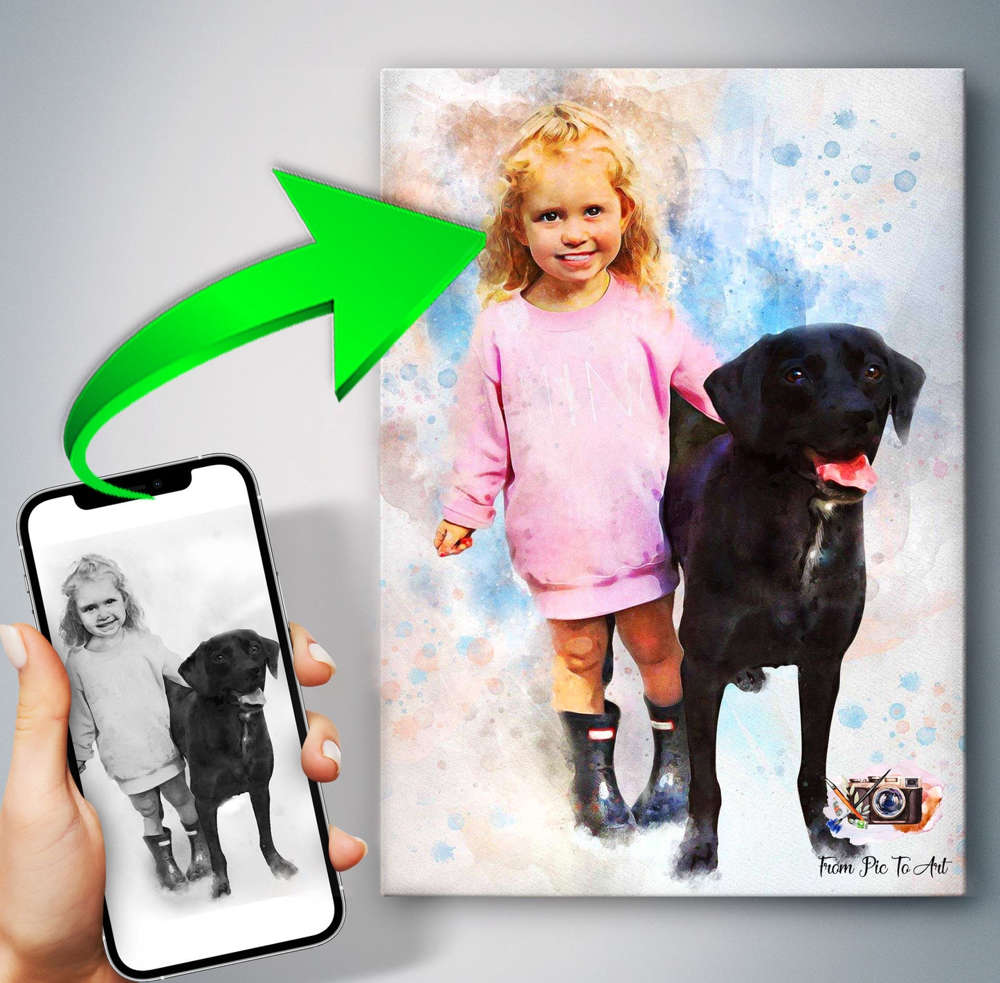 Little girl stays next to her black dog