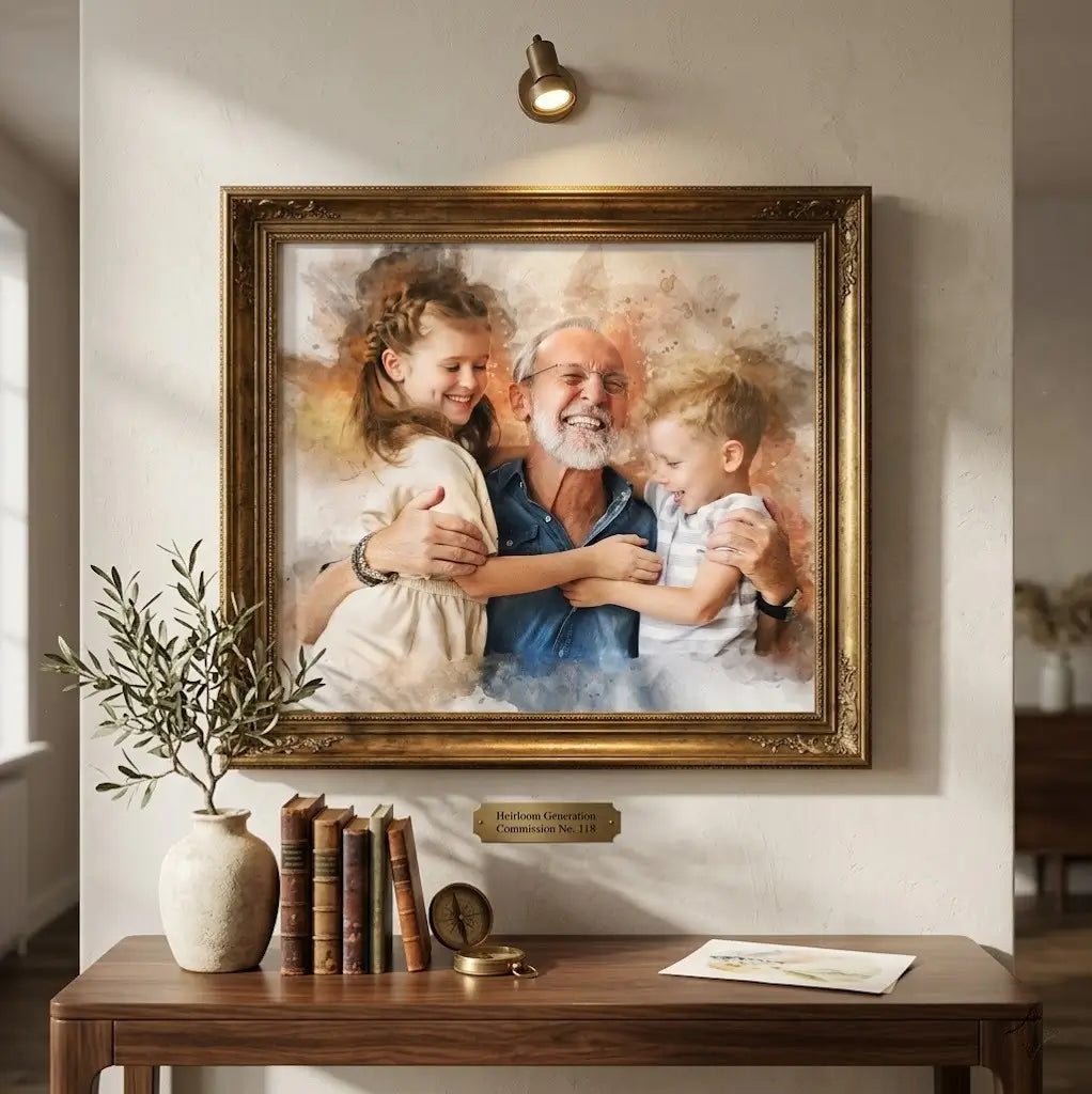 Framed family portrait of a man with two children on a wall above a wooden table.