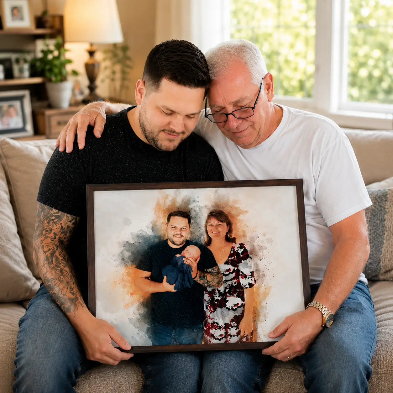 A father and son holding a framed portrait of the son, his new baby, and his late mother in a cozy living room.