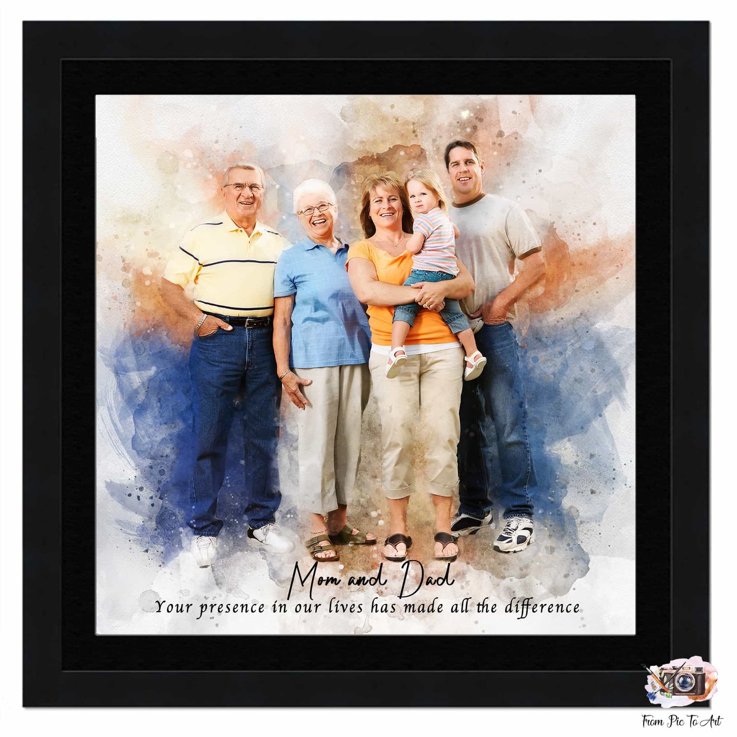 A framed family painting, rendered in a watercolor style, shows five individuals: two older adults, two younger adults, and a small child held by one of the younger adults. All are smiling and appear to be posing together. The background has a blurred, watercolor effect. Below the figures, the text "Mom and Dad Your presence in our lives has made all the difference" is written.