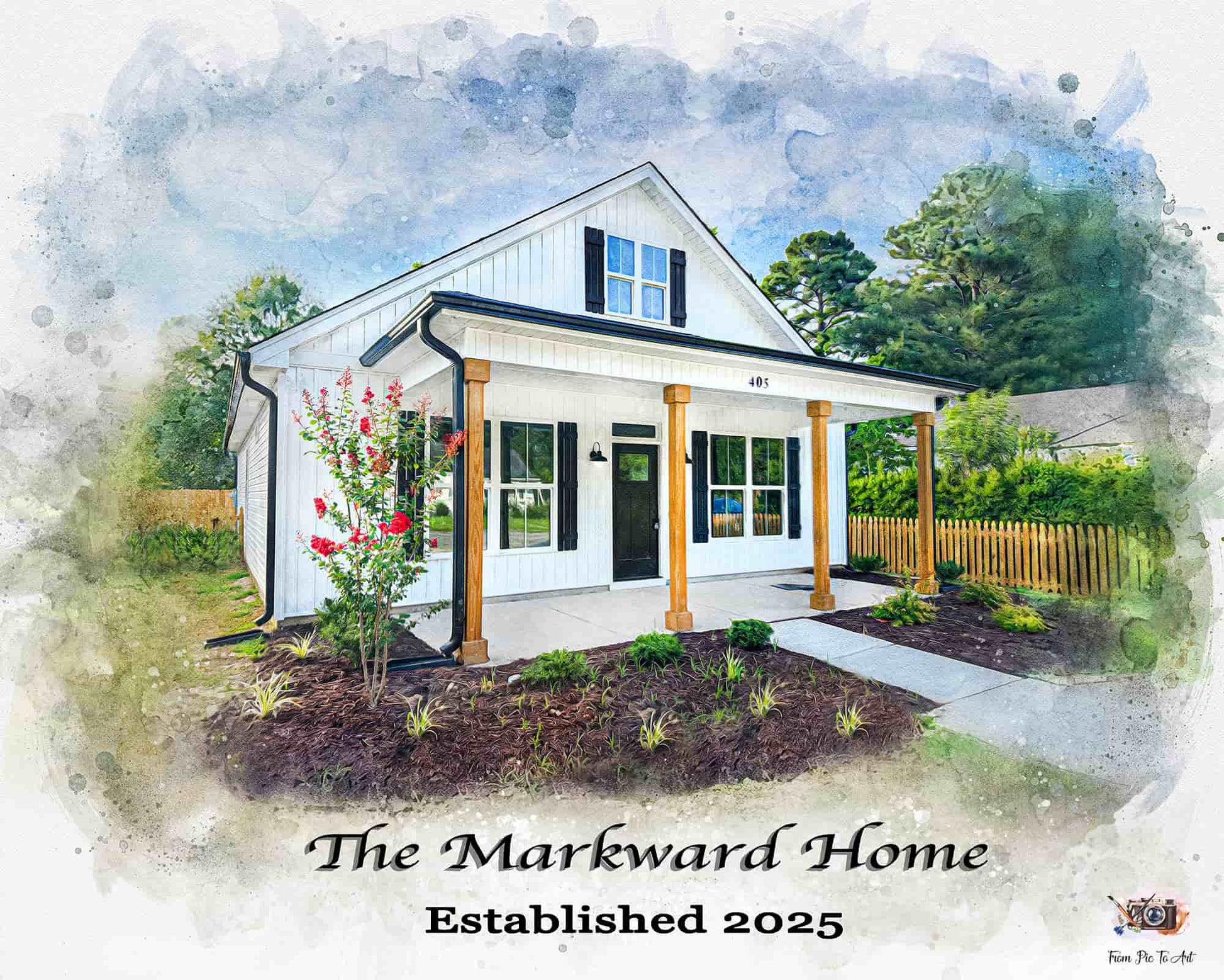 A custom house portrait in watercolor style of a modern, white home with a light green exterior, and a front porch. 