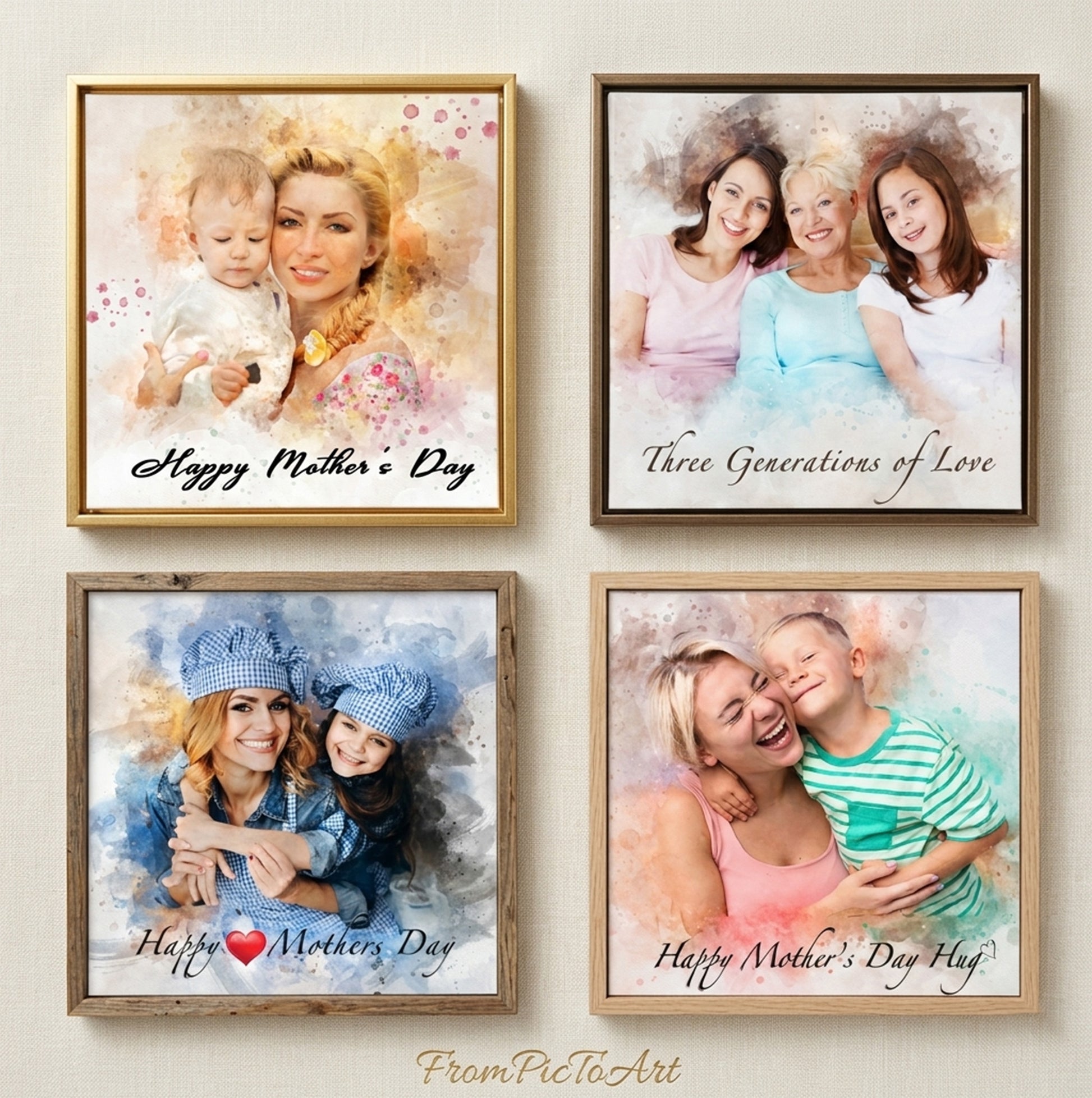 Four framed family photos with 'Happy Mother's Day' text on a wall.