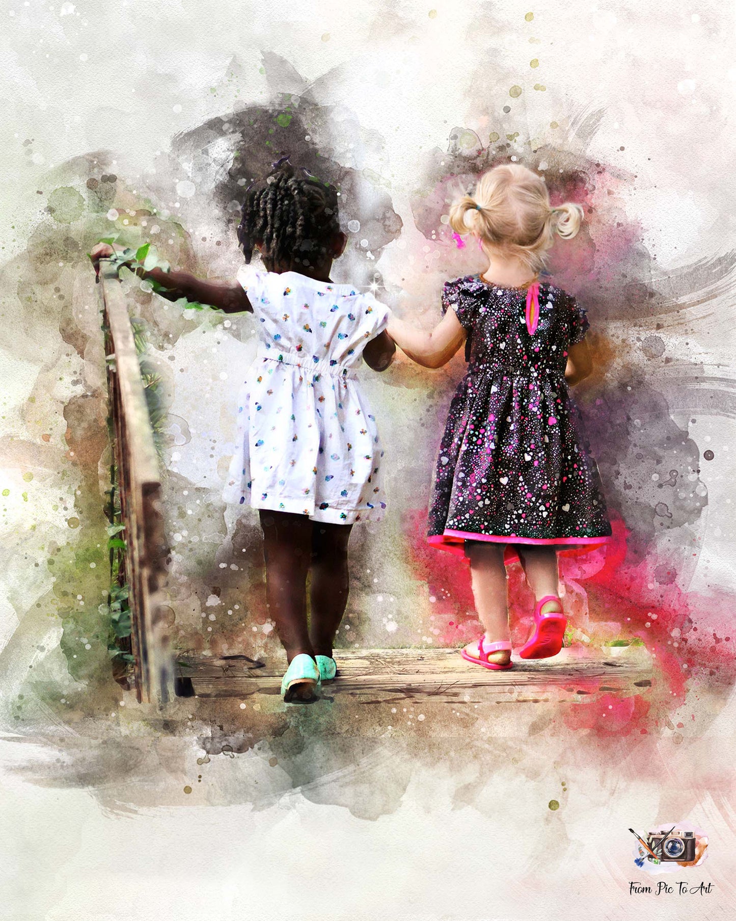 Custom watercolor portrait painting of two diverse young girls, best friends holding hands, viewed from the backside. Personalized children's art.