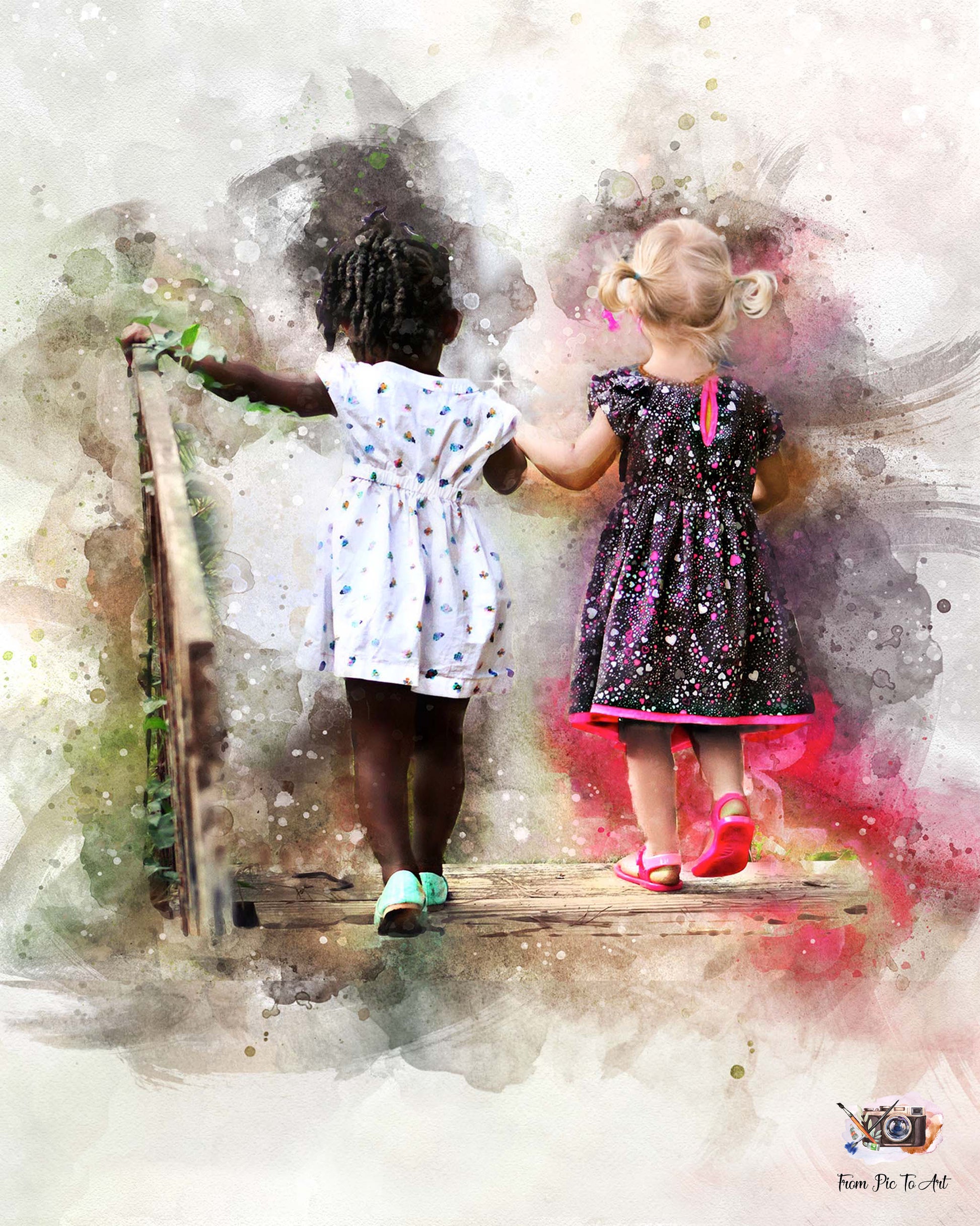 Custom watercolor portrait painting of two diverse young girls, best friends holding hands, viewed from the backside. Personalized children's art.