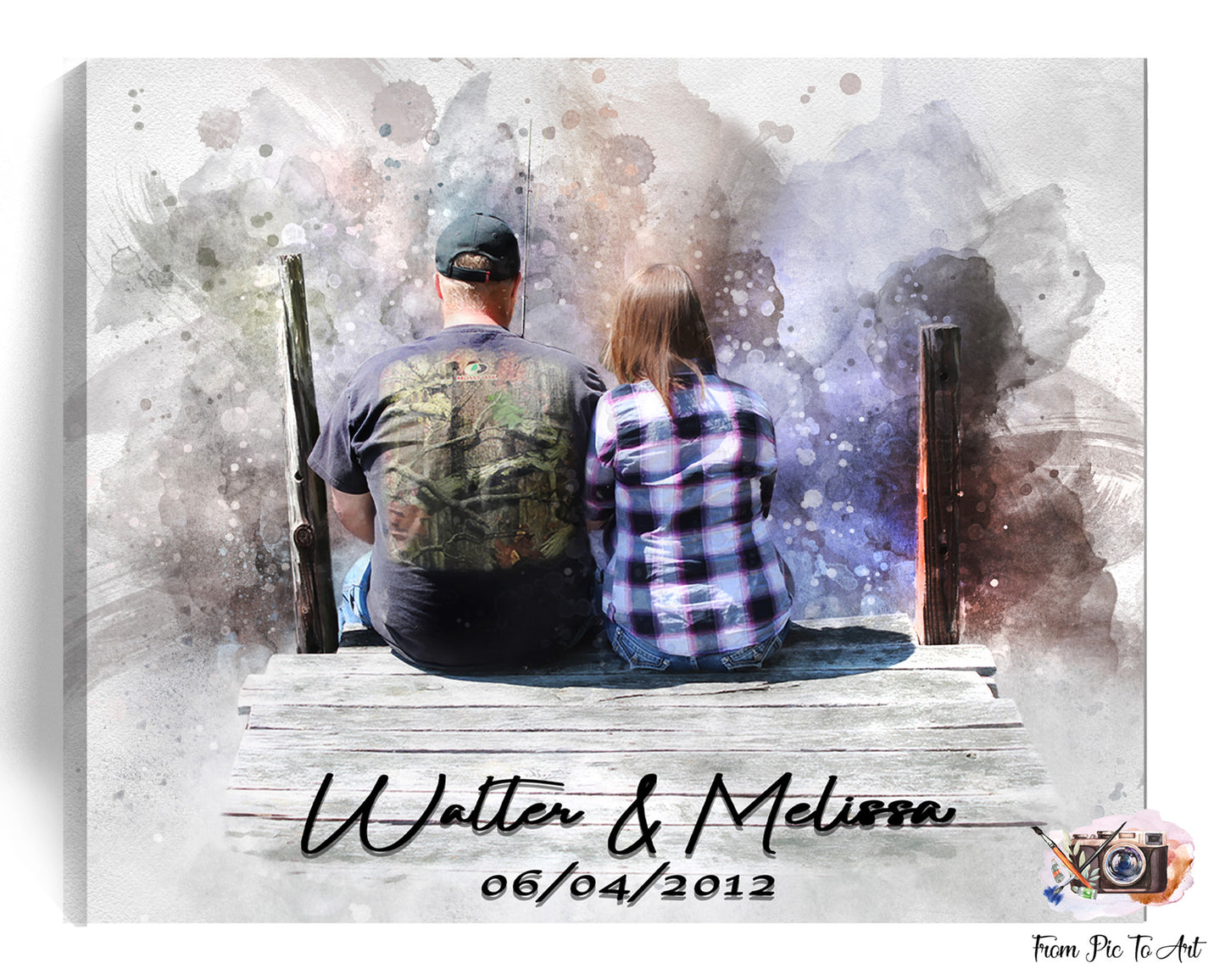 Custom portrait painting of a grandfather and grandchild fishing by the lake shore, viewed from the backside. Personalized sentimental art.