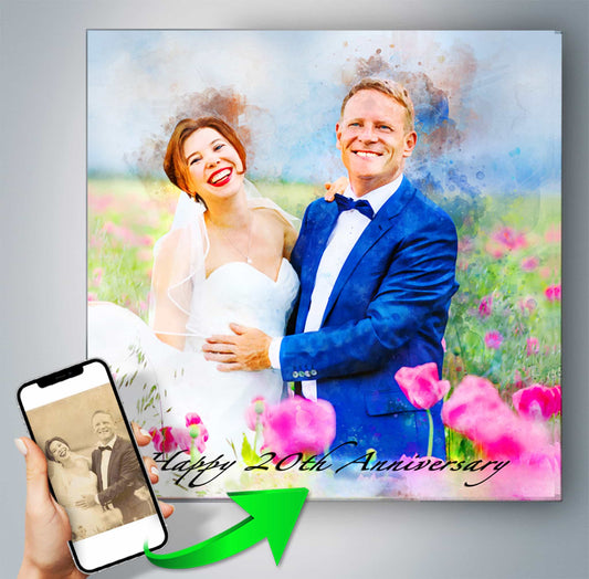 A joyful bride and groom surrounded by pink flowers in a custom watercolor painting.