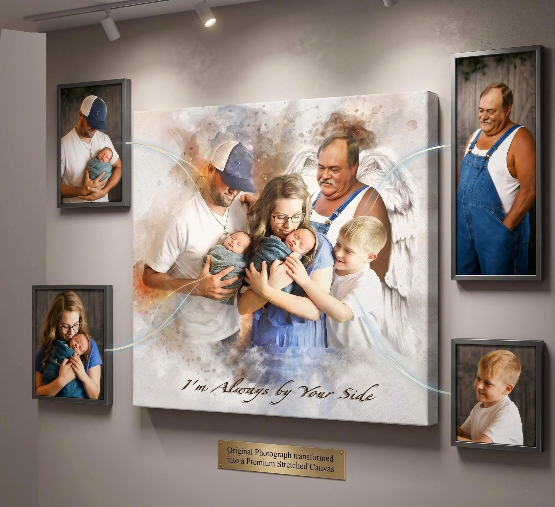 Personalized memorial family portrait collage canvas with grandparents, parents, and children. Custom watercolor-style family painting from photos, framed heirloom wall art and emotional keepsake gift.