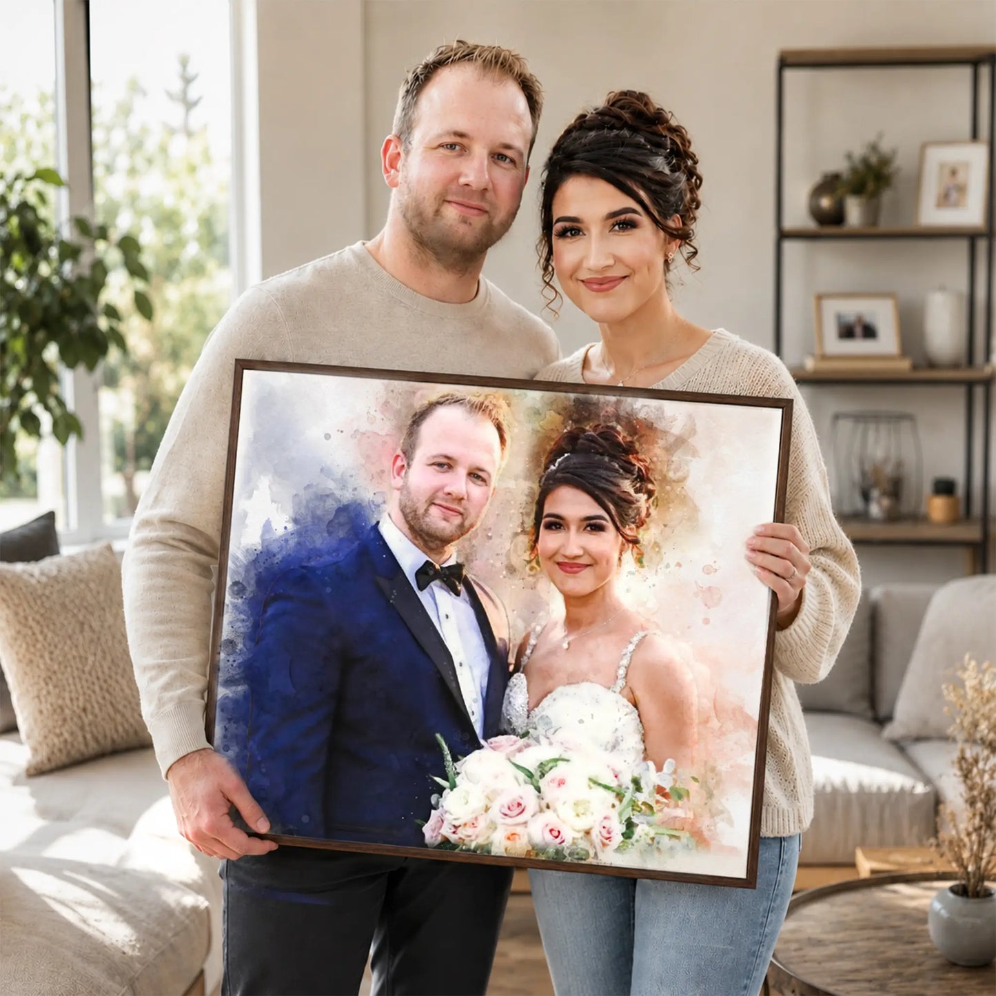 Couple holding a customized family portrait canvas in a bright modern living room.