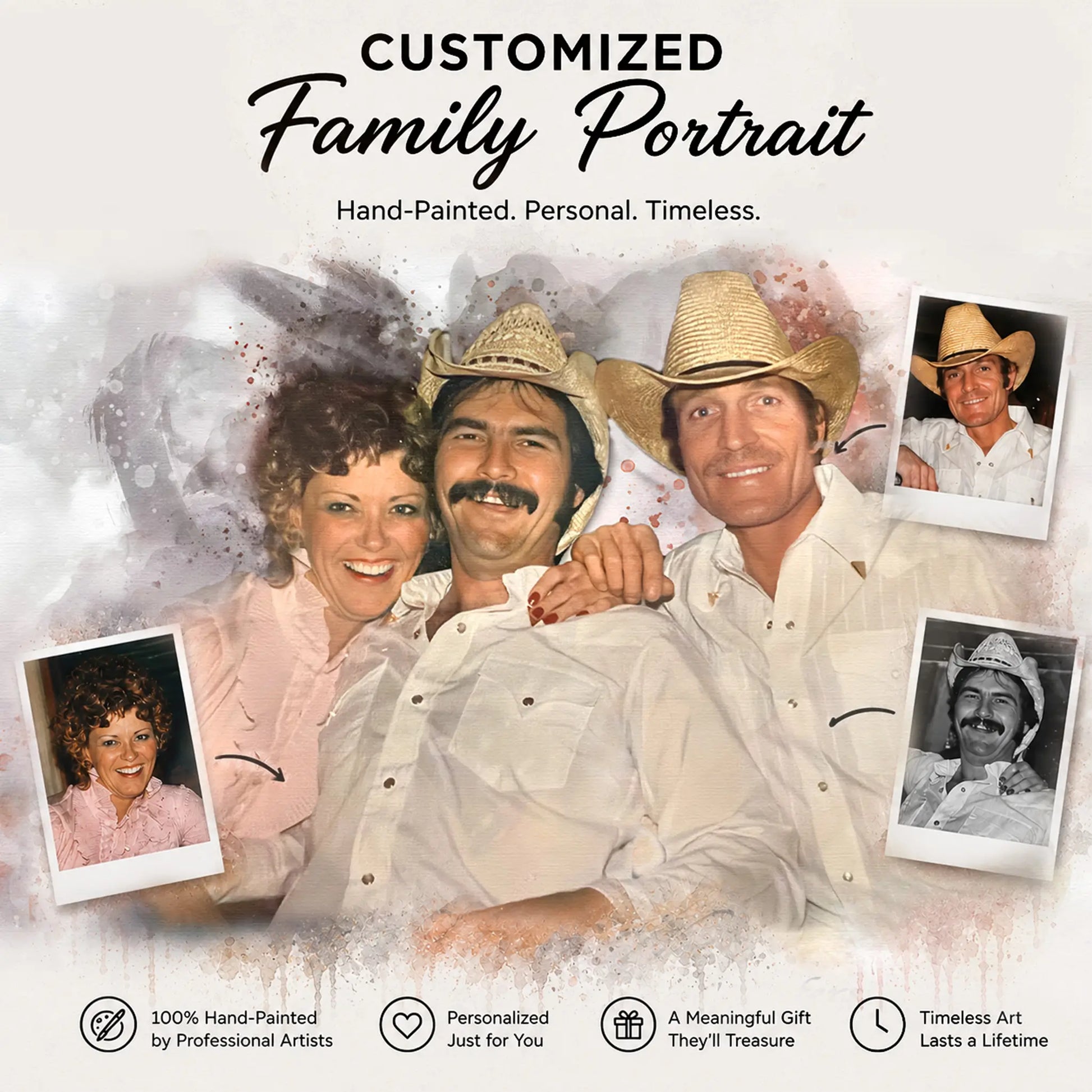 ​Customized family portrait hand-painted from separate photos featuring a vintage cowboy family memorial painting in soft watercolor style.