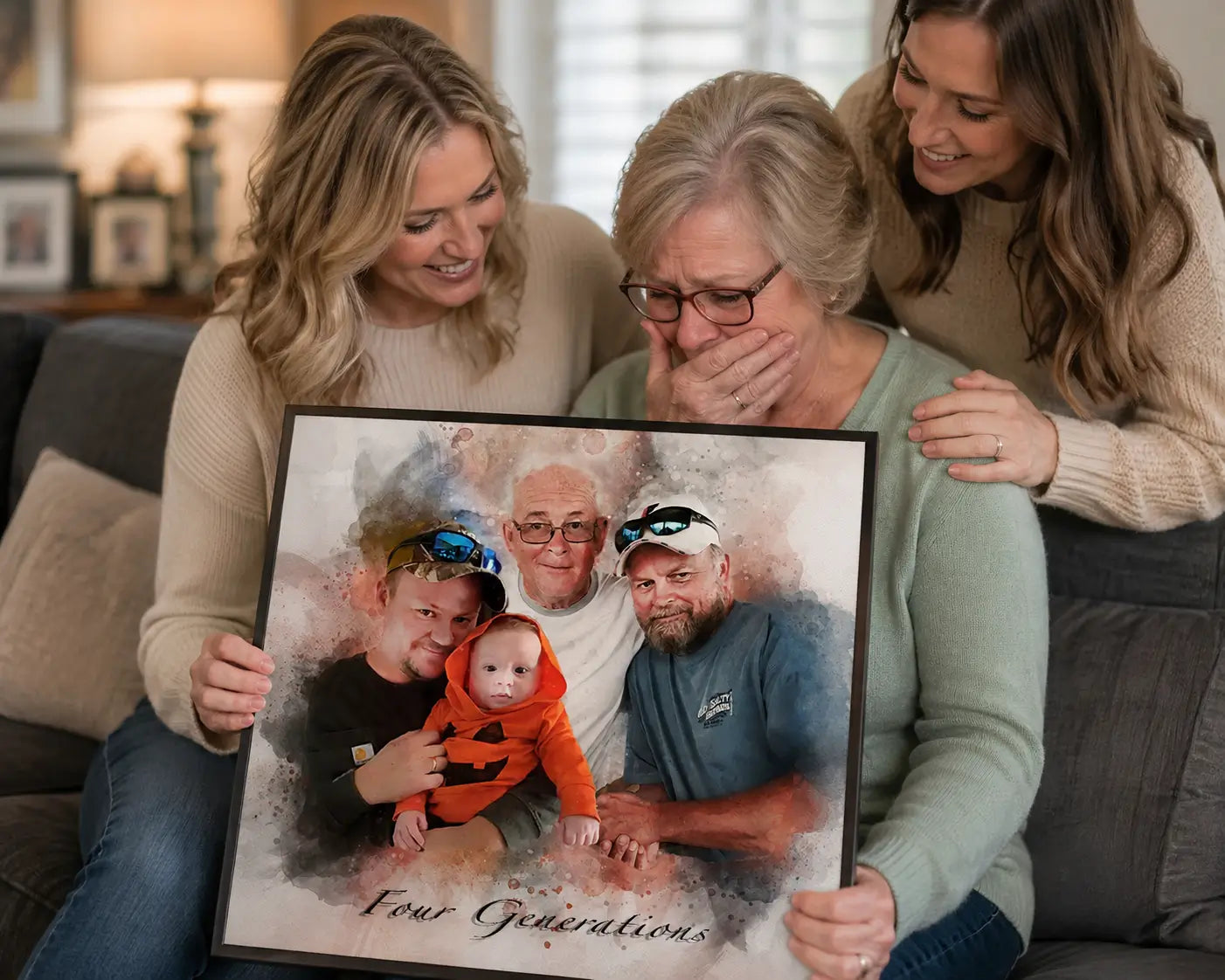 Emotional family reaction to a framed watercolor “Four Generations” portrait as three women admire the custom memorial artwork together.
