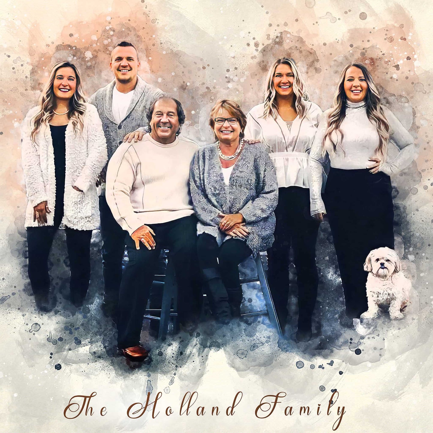 A family painting featuring six smiling adults and a small, fluffy white dog, all rendered in a soft, watercolor-like style. From left to right, there are three women, two men, and another woman, with the dog sitting on the far right. Two individuals are seated, while the others stand. The background is a blend of muted, warm tones with a subtle speckled texture. Text at the bottom reads "The Holland Family.