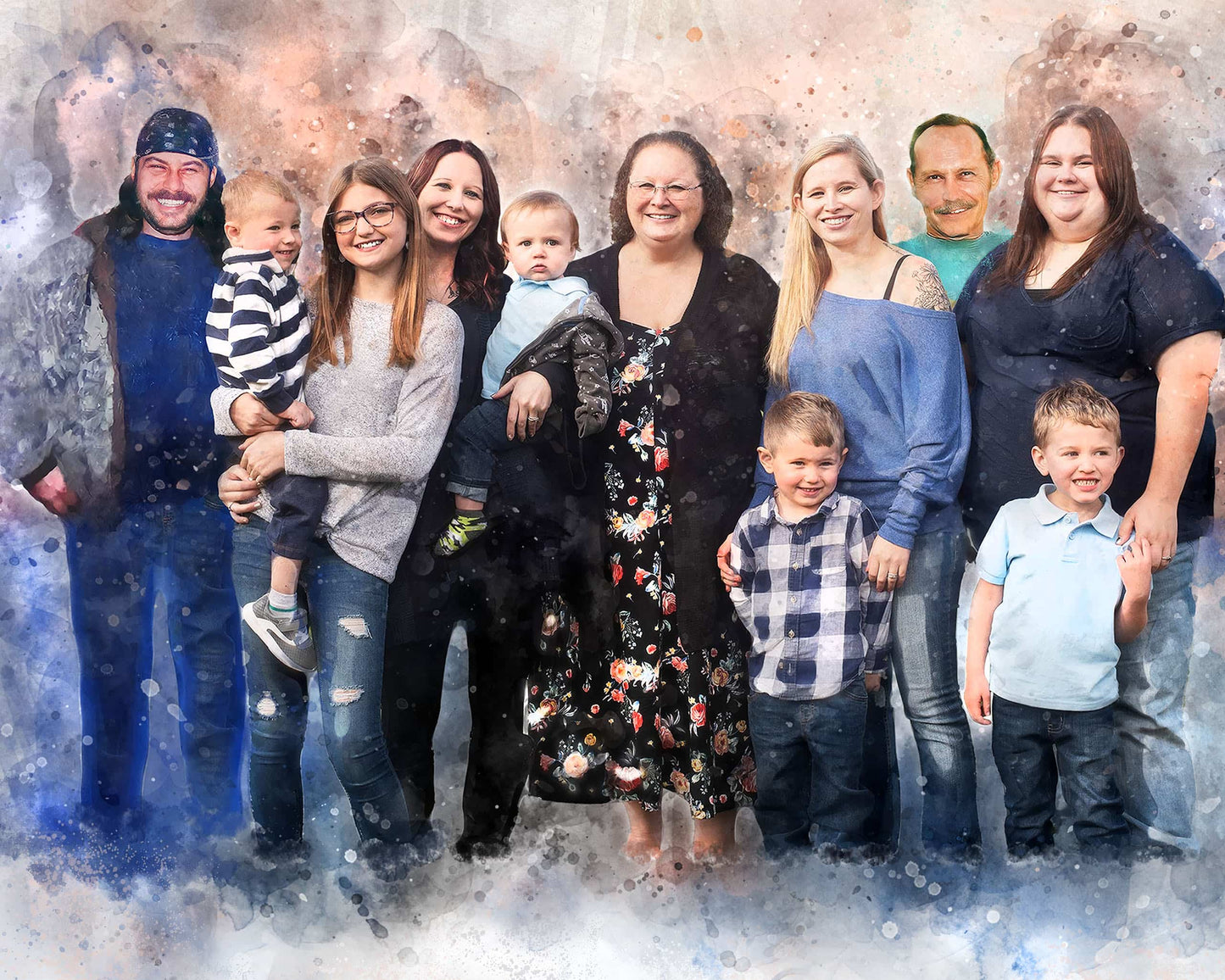 A large family painting, created in a watercolor style, features eleven individuals of various ages, including adults and young children, smiling and posing together. The background is a soft, blended mix of warm and cool watercolor washes. All subjects are looking towards the camera, conveying a sense of togetherness.