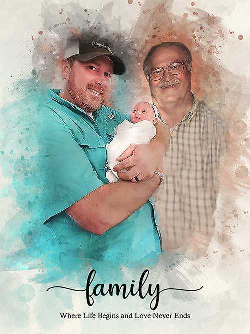 Emotional family painting of a newborn baby with a deceased loved one, capturing the essence of family love and remembrance, personalized art by FromPicToArt