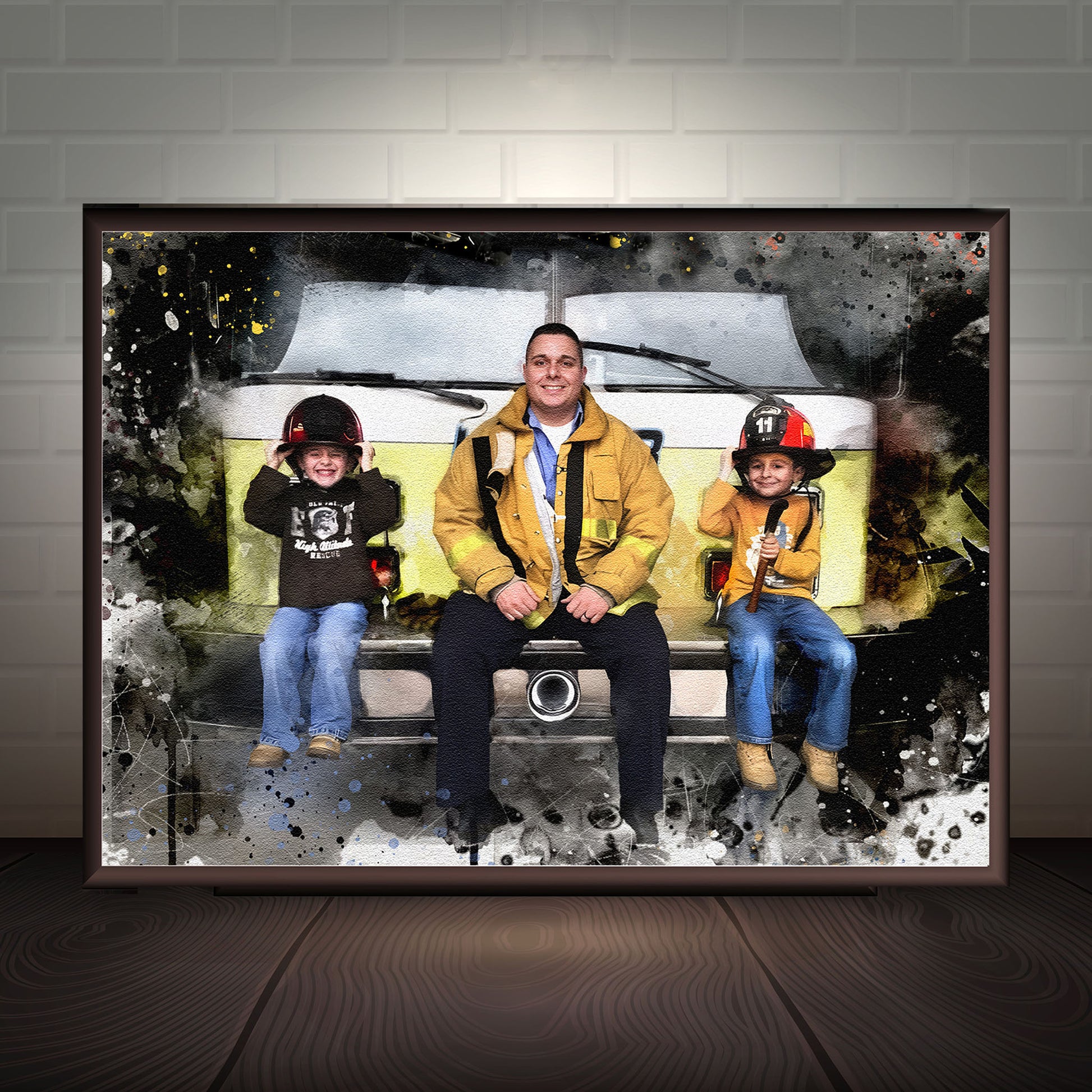 A framed portrait of a smiling firefighter sitting on a fire truck with two children wearing firefighter helmets, suitable for Fireman Gifts.