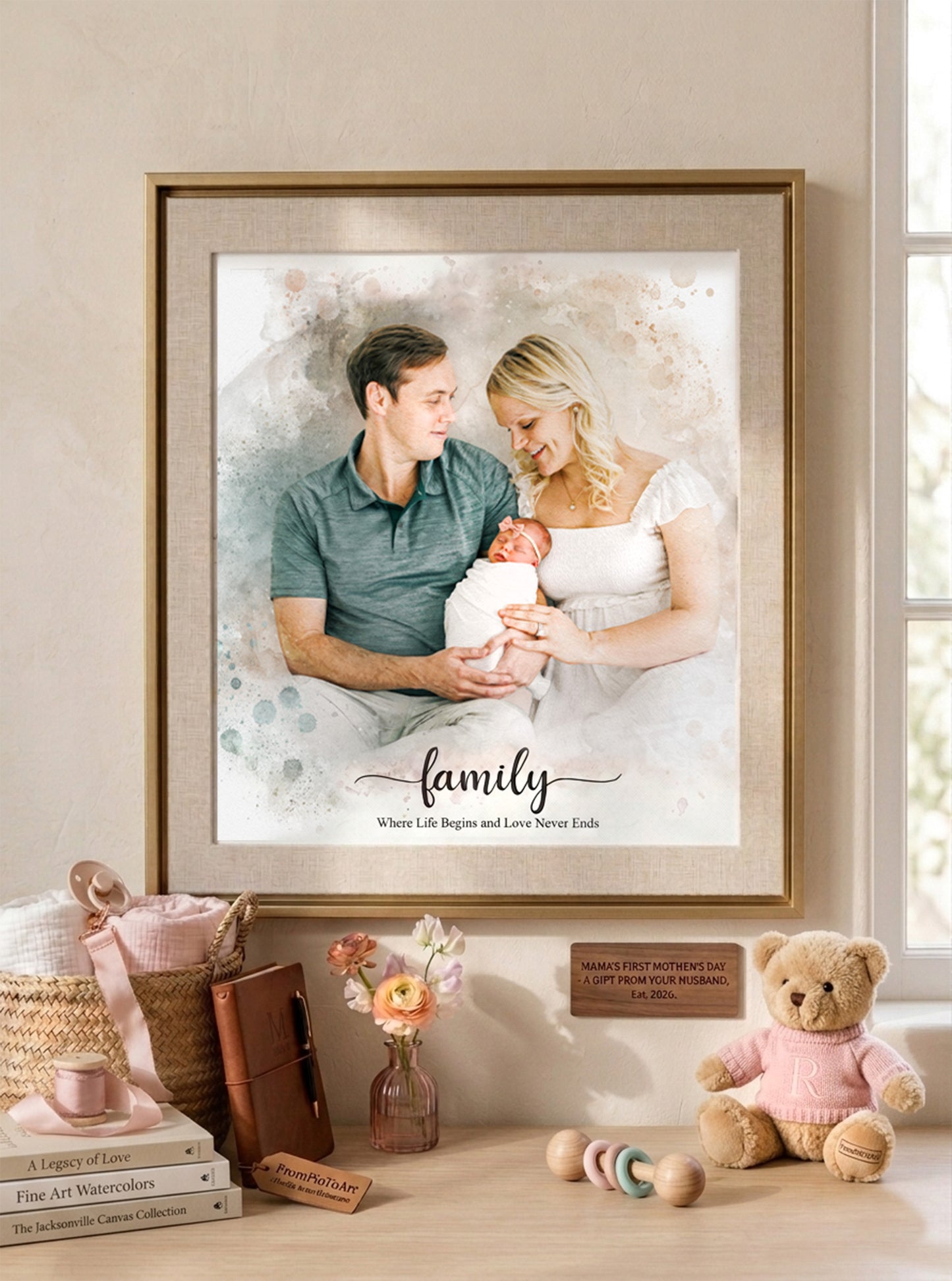 Framed photograph of a couple holding a baby with the word 'family' displayed, surrounded by decorative items.