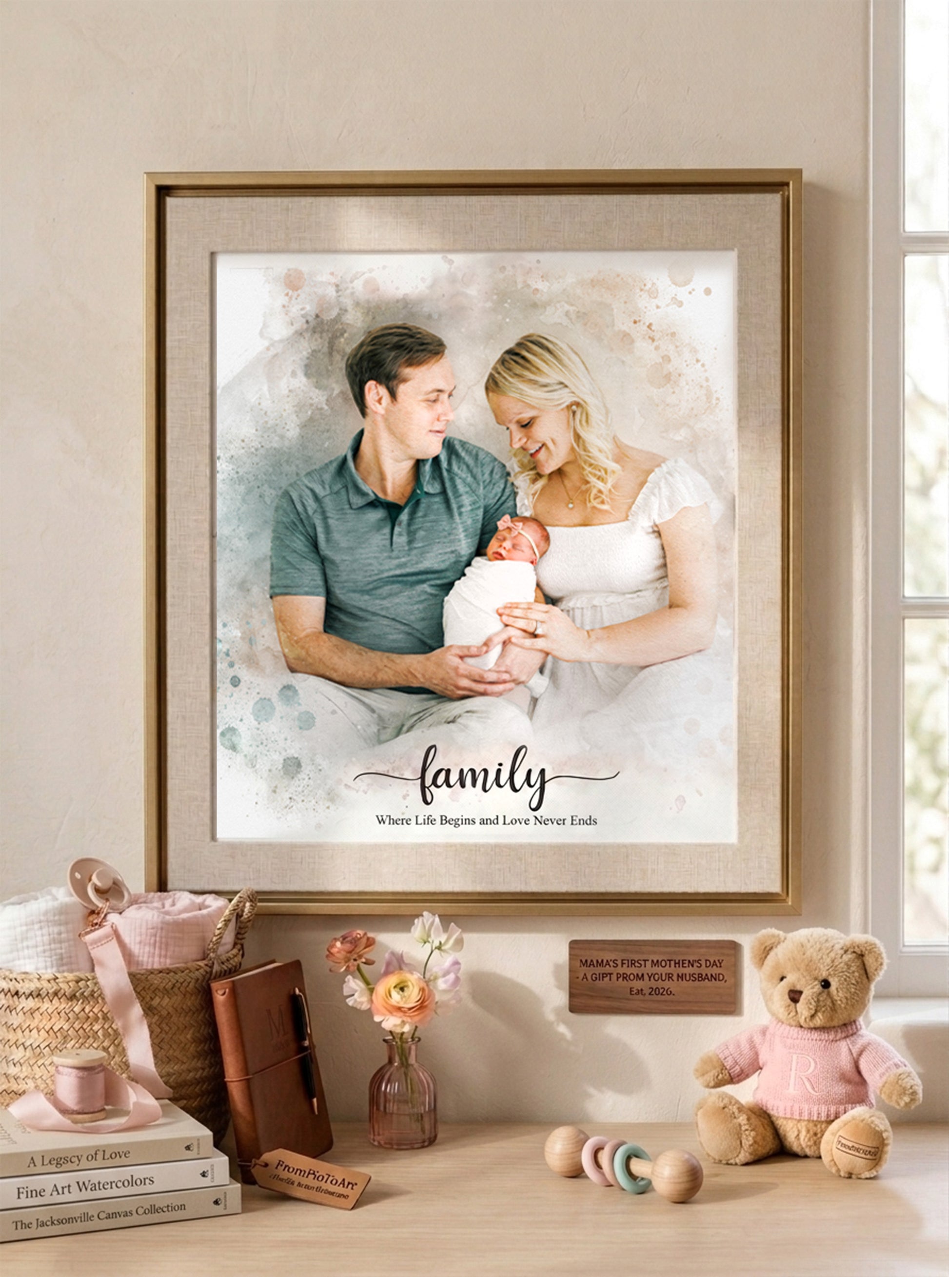Framed photograph of a couple holding a baby with the word 'family' displayed, surrounded by decorative items.