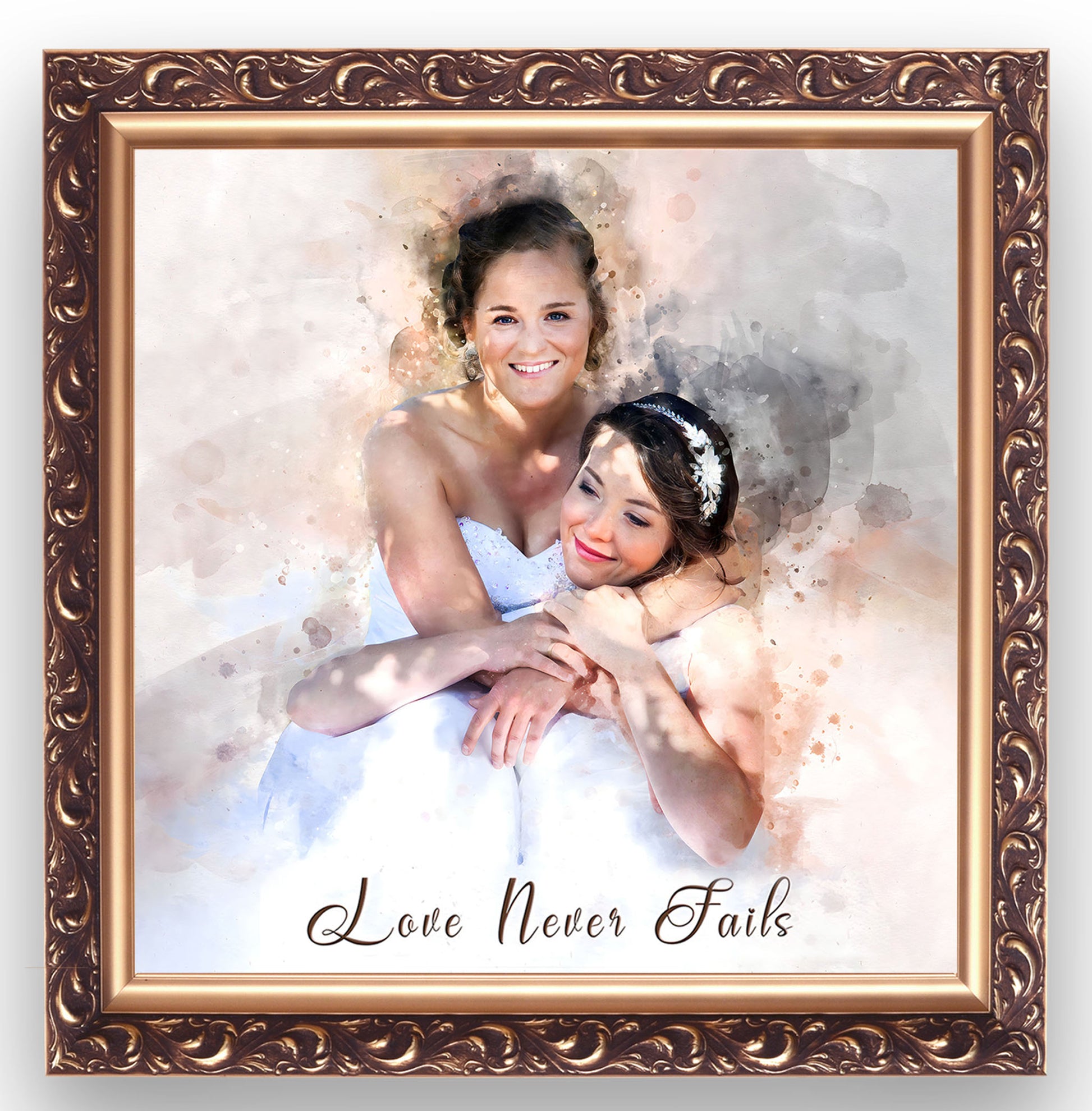 A beautiful framed portrait of two brides embracing, smiling happily. One bride lovingly rests her head on the other's shoulder, and the text "Love Never Fails" is written below them. This custom artwork is a perfect example of meaningful lesbian gifts.