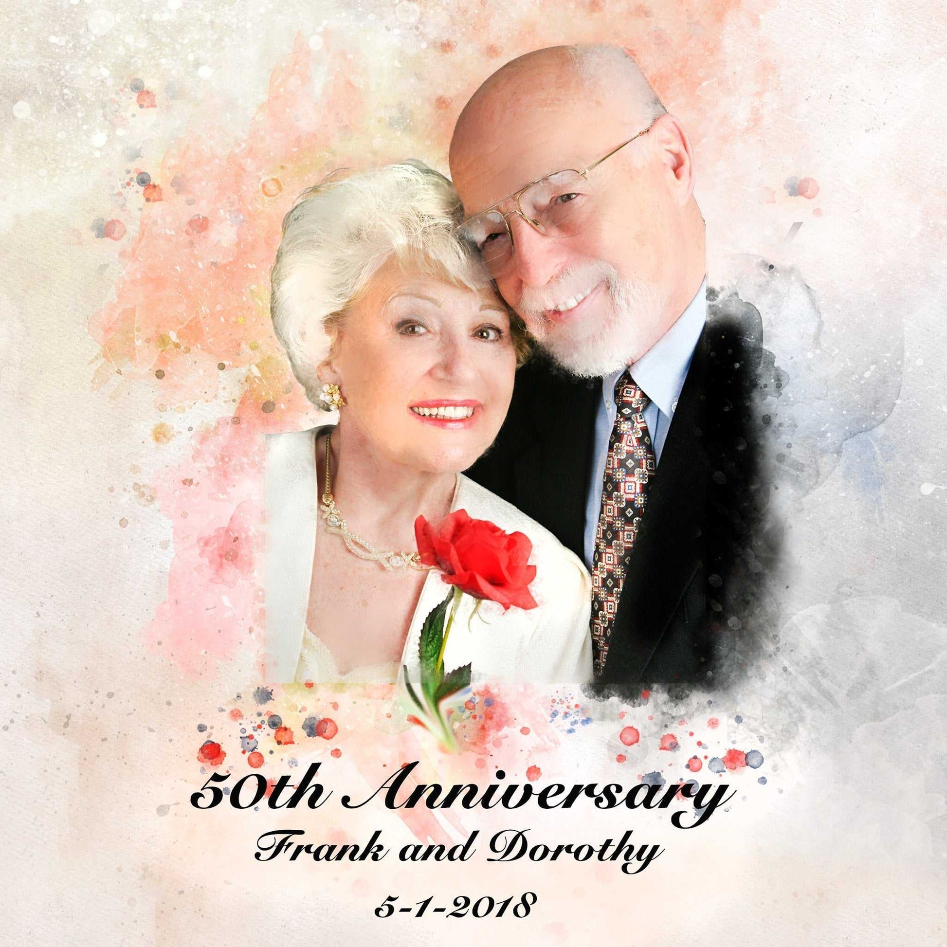 Custom watercolor portrait by FromPicToArt, depicting a smiling older couple, with the woman holding a single red rose. A classic and loving 7-year anniversary gift.
