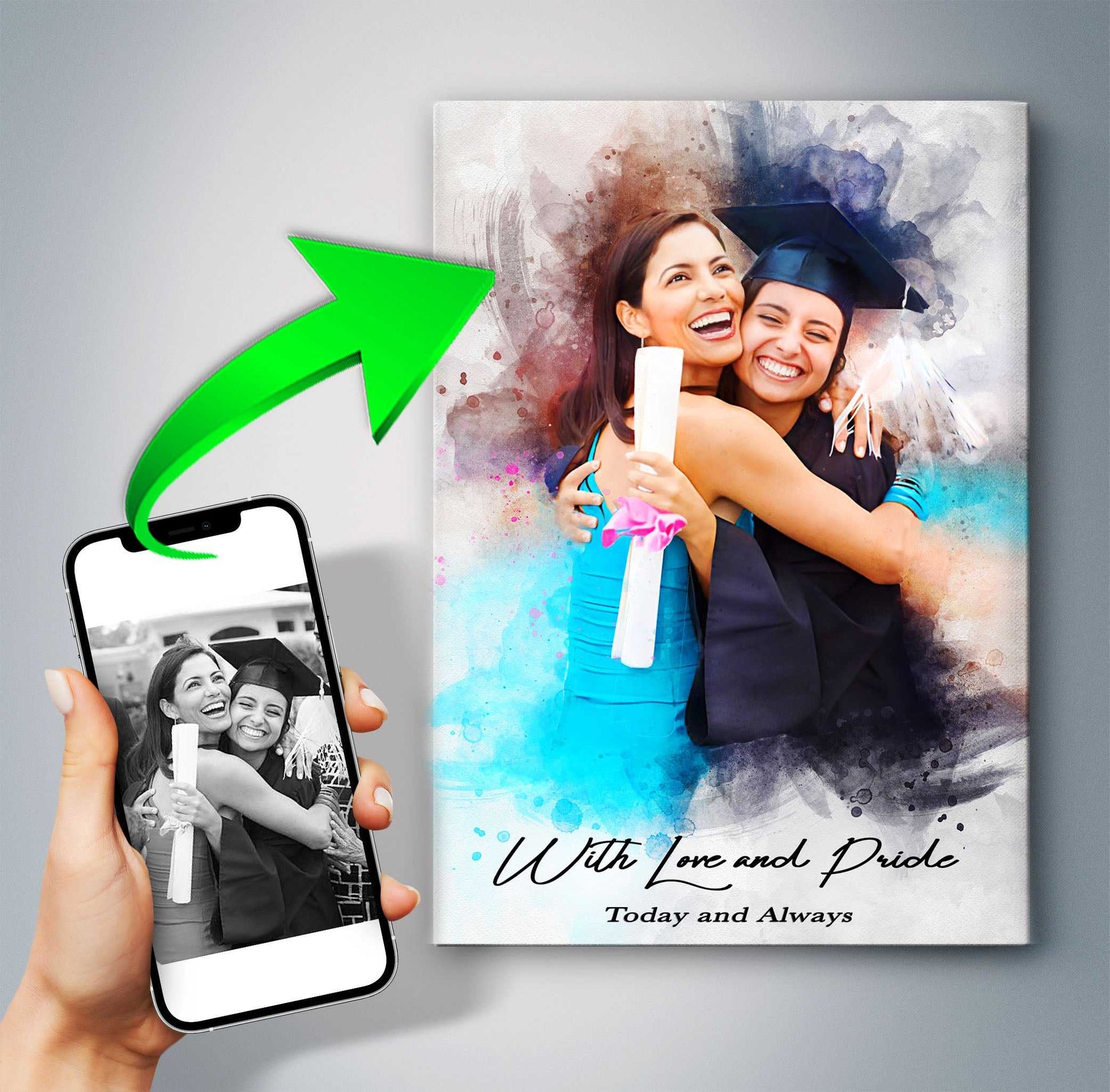 Graduation Portraits shows mom hugging daughter at ceremony - FromPicToArt