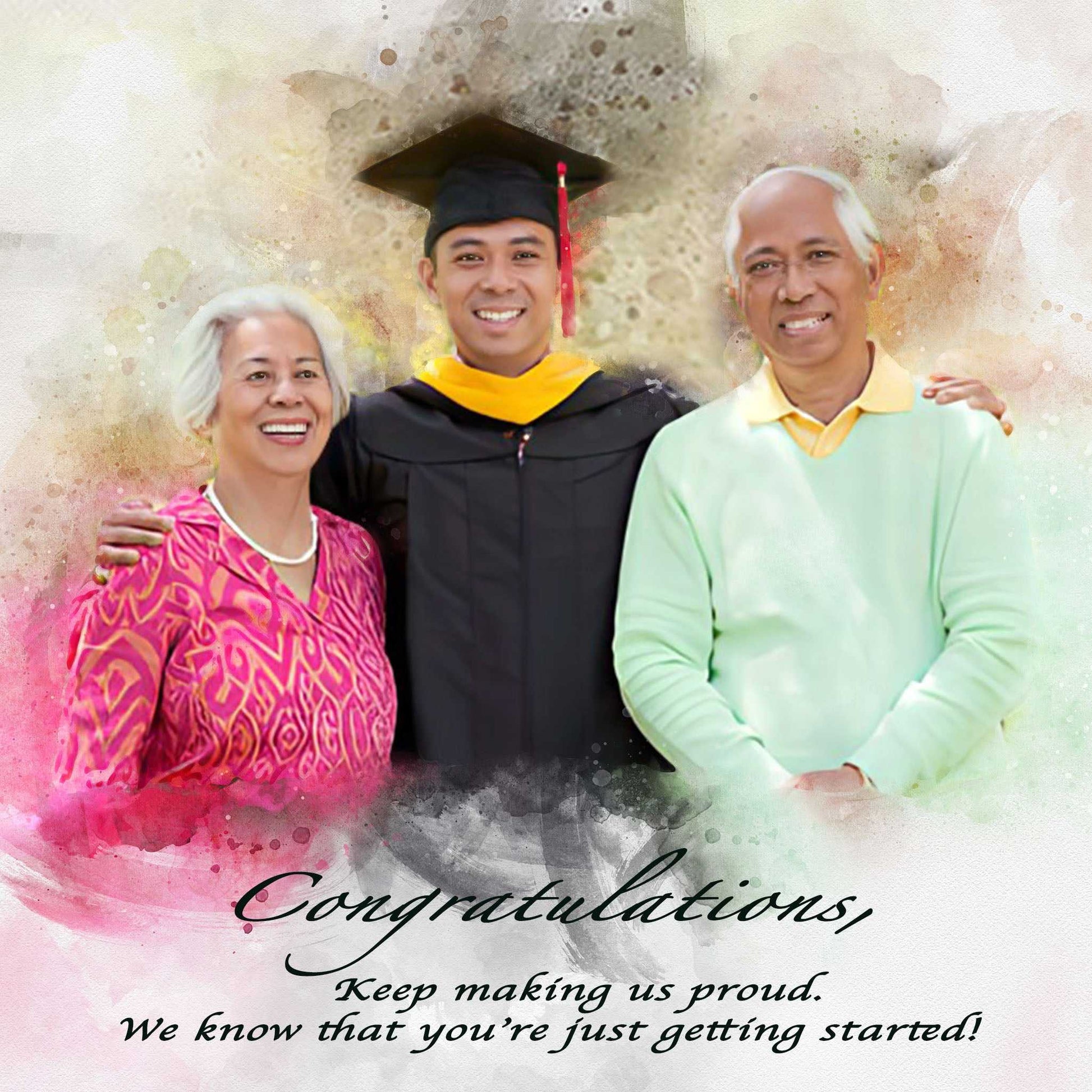 Graduation Portraits shows mom and dad with graduated son between them - FromPicToArt