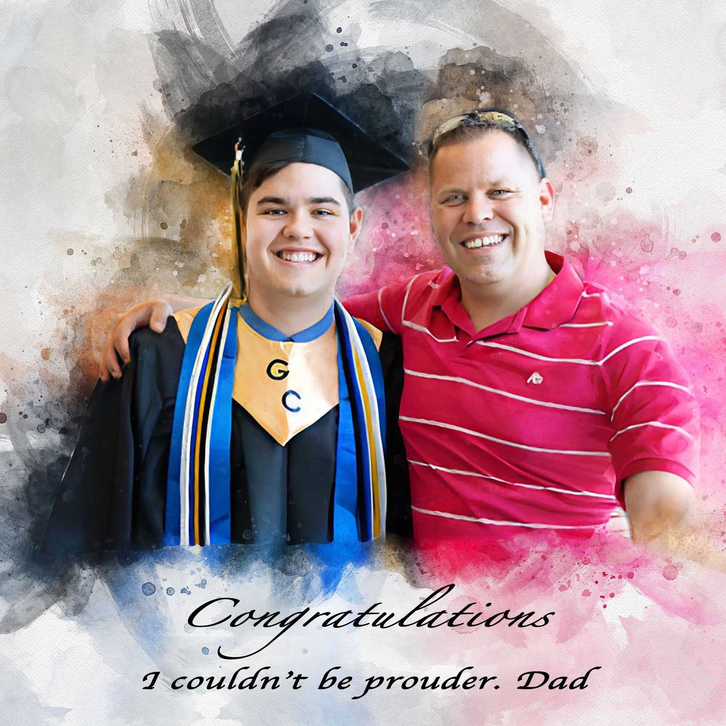 Graduation Portraits shows Dad hugging his son at graduation - FromPicToArt
