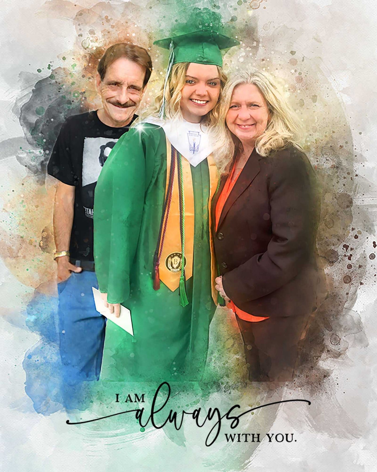 Graduation Portraits shows mom and dad surrounding her graduated daughter - FromPicToArt