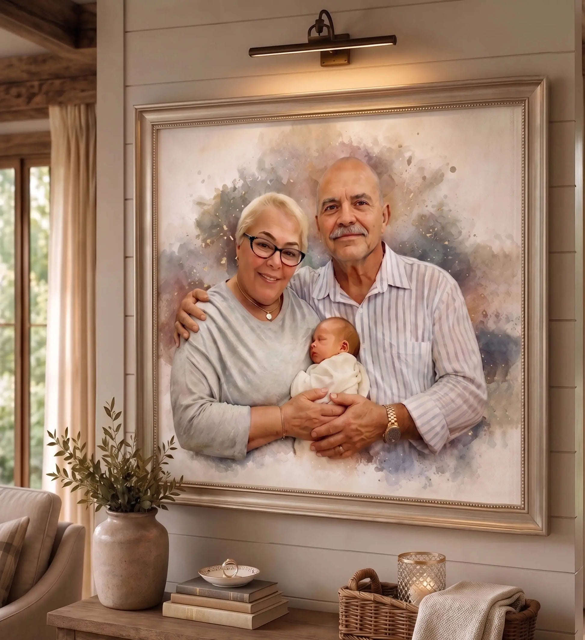 Personalized grandparents portrait with newborn baby, custom watercolor family painting from photo, framed heirloom canvas wall art and emotional gift for grandparents and growing families.