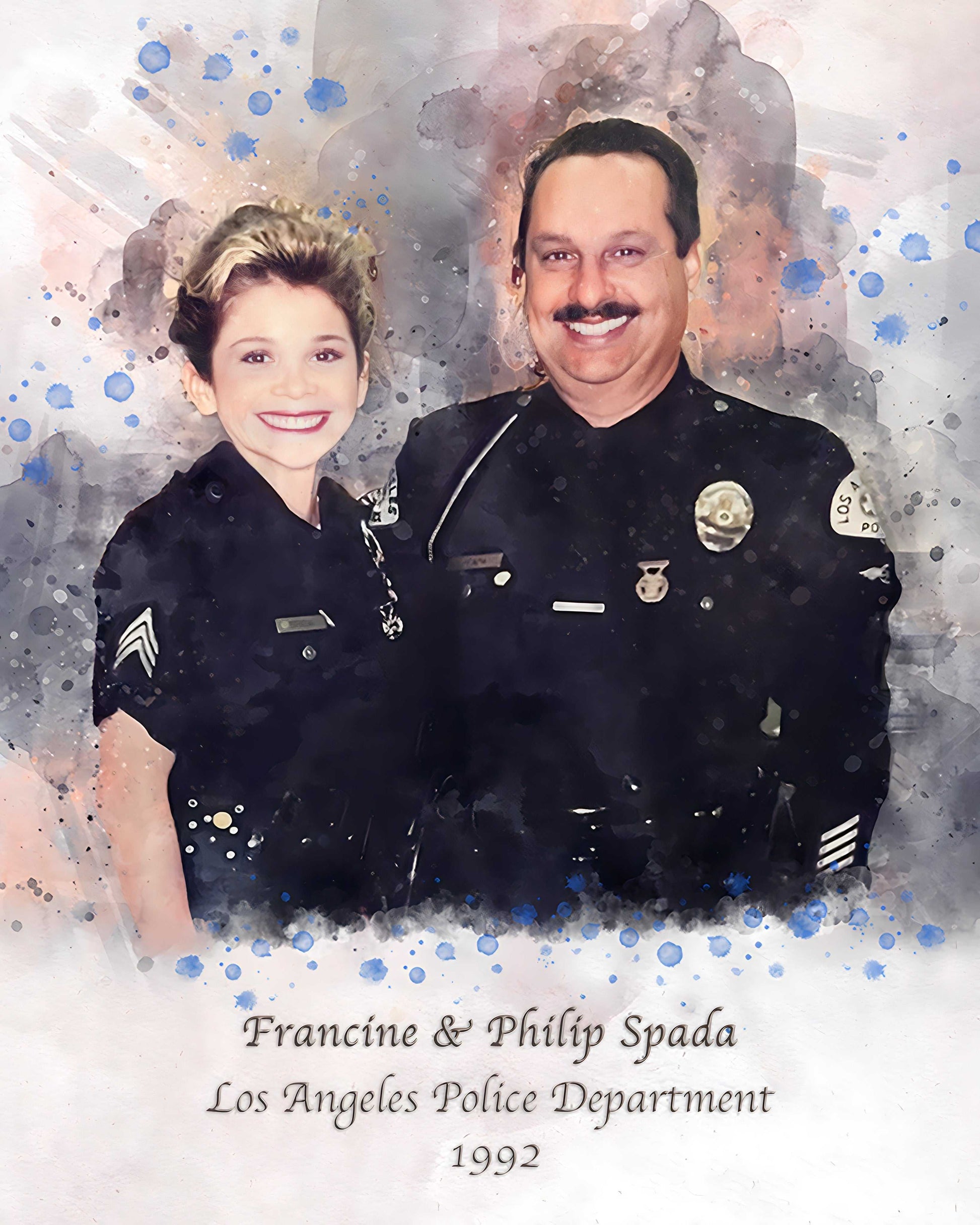 A custom painting as a law enforcement gift shows a female law enforcement officer and a male law enforcement officer standing next to each other and smiling.