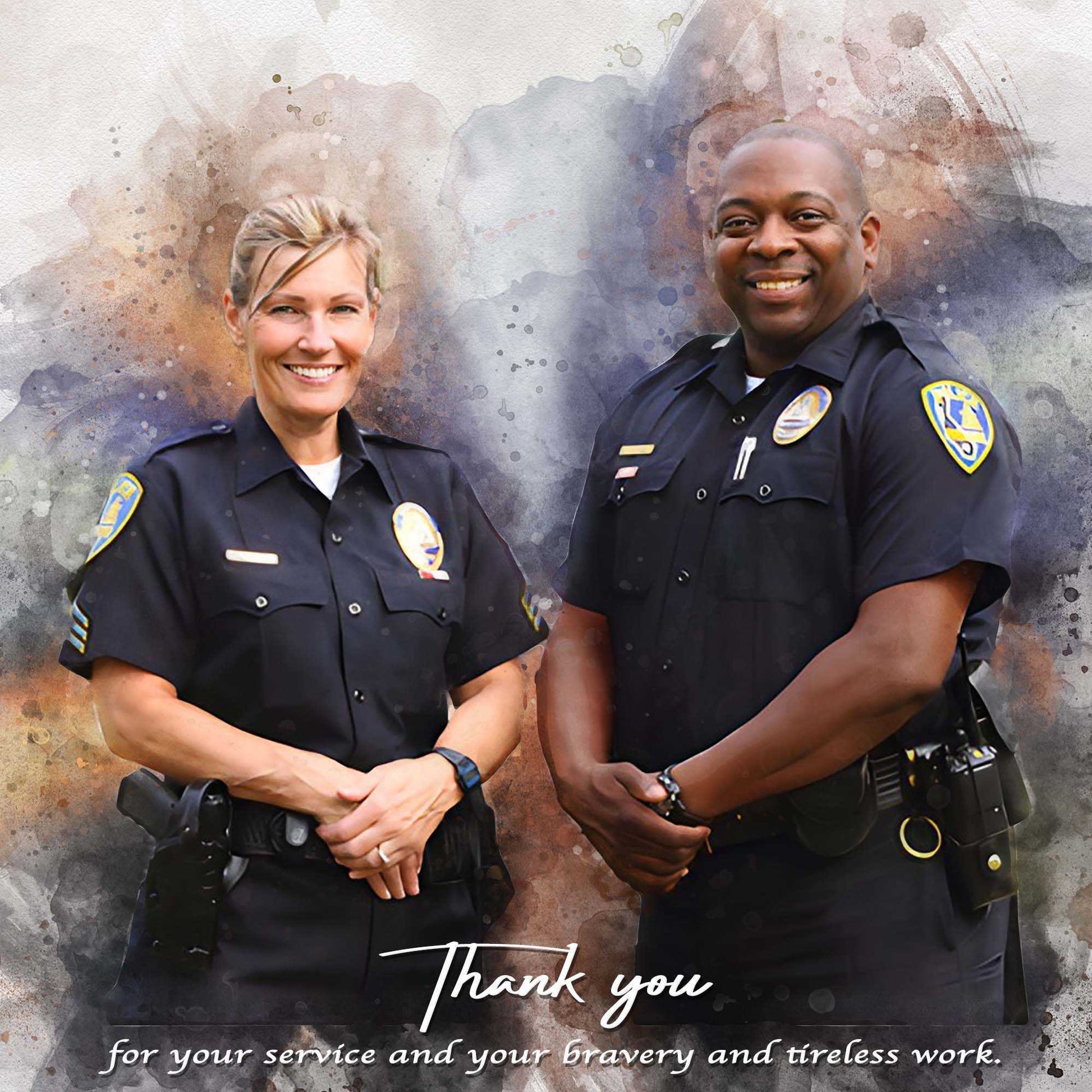 A custom portrait with a female and male law enforcement officer as an law enforcement gift