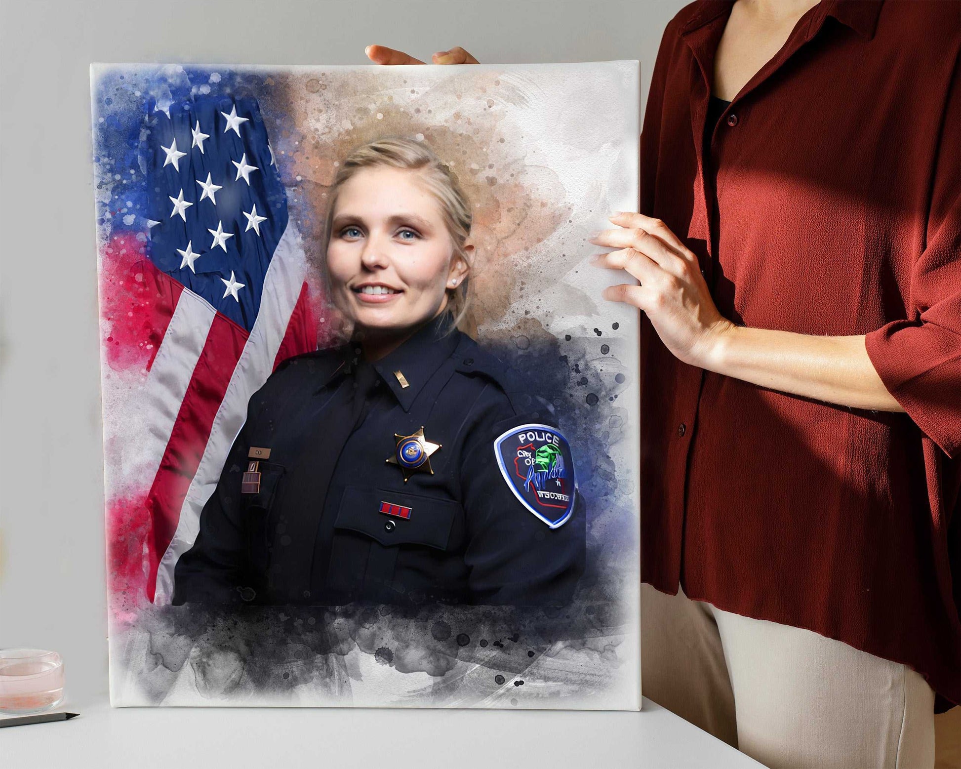 A custom portrait painting with a young female law enforcement officer in front of the US flag as a law enforcement gift.