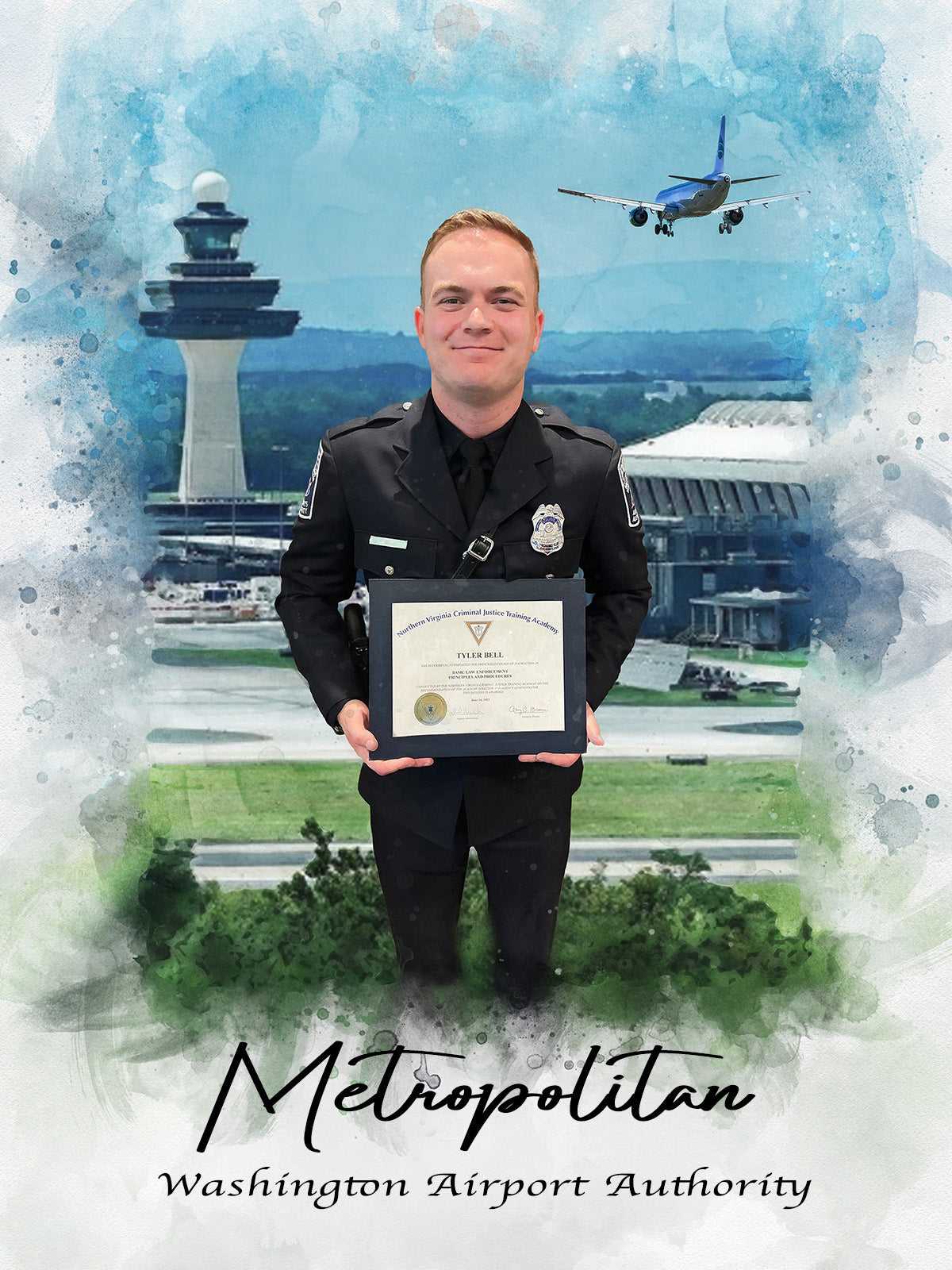 A custom painting of a law enforcement officer in front of an airport