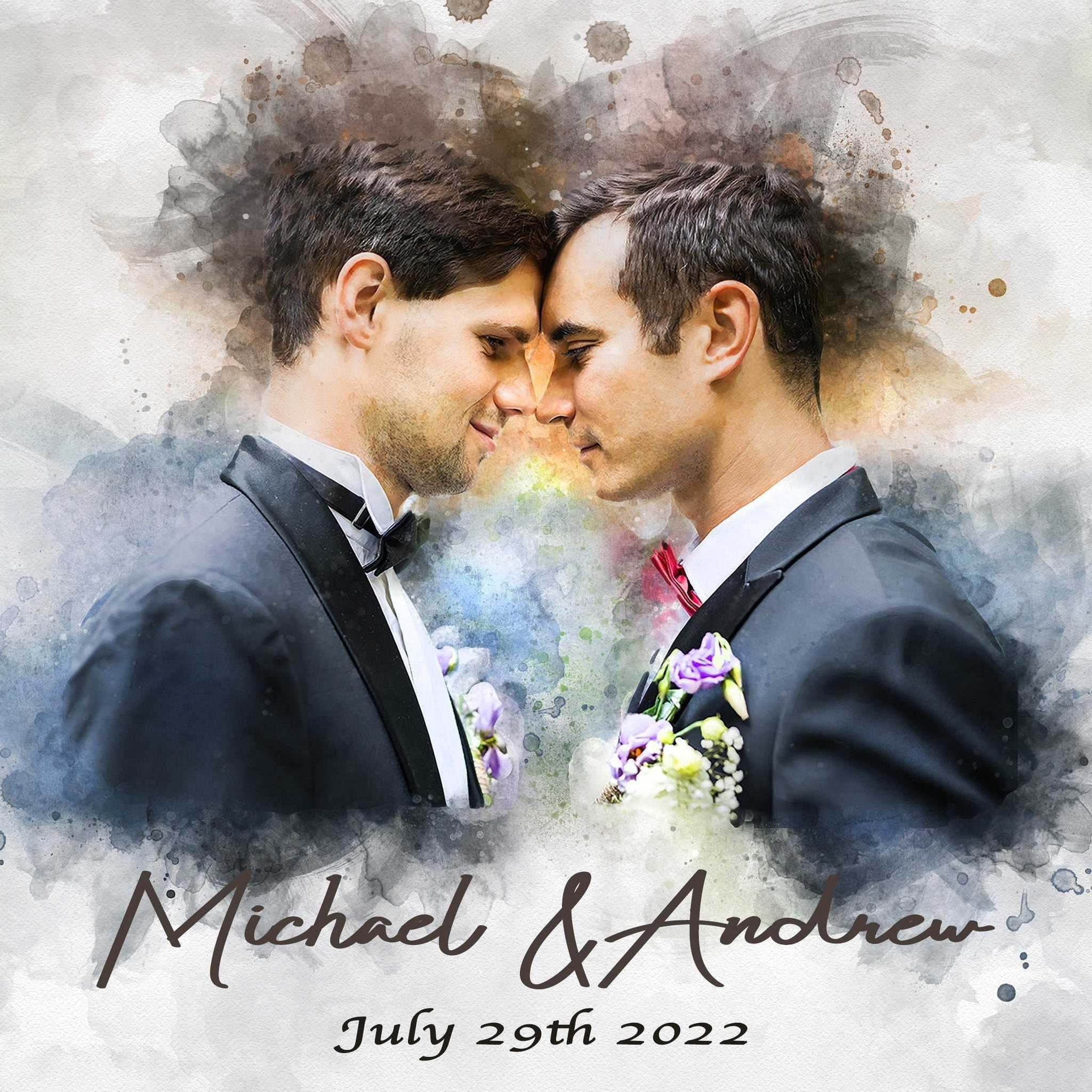 ♥️ Love is Love Gifts for LGBTQ Community 🌈 Gifts for Gay Guys | Rainbow Wedding Portrait | - FromPicToArt