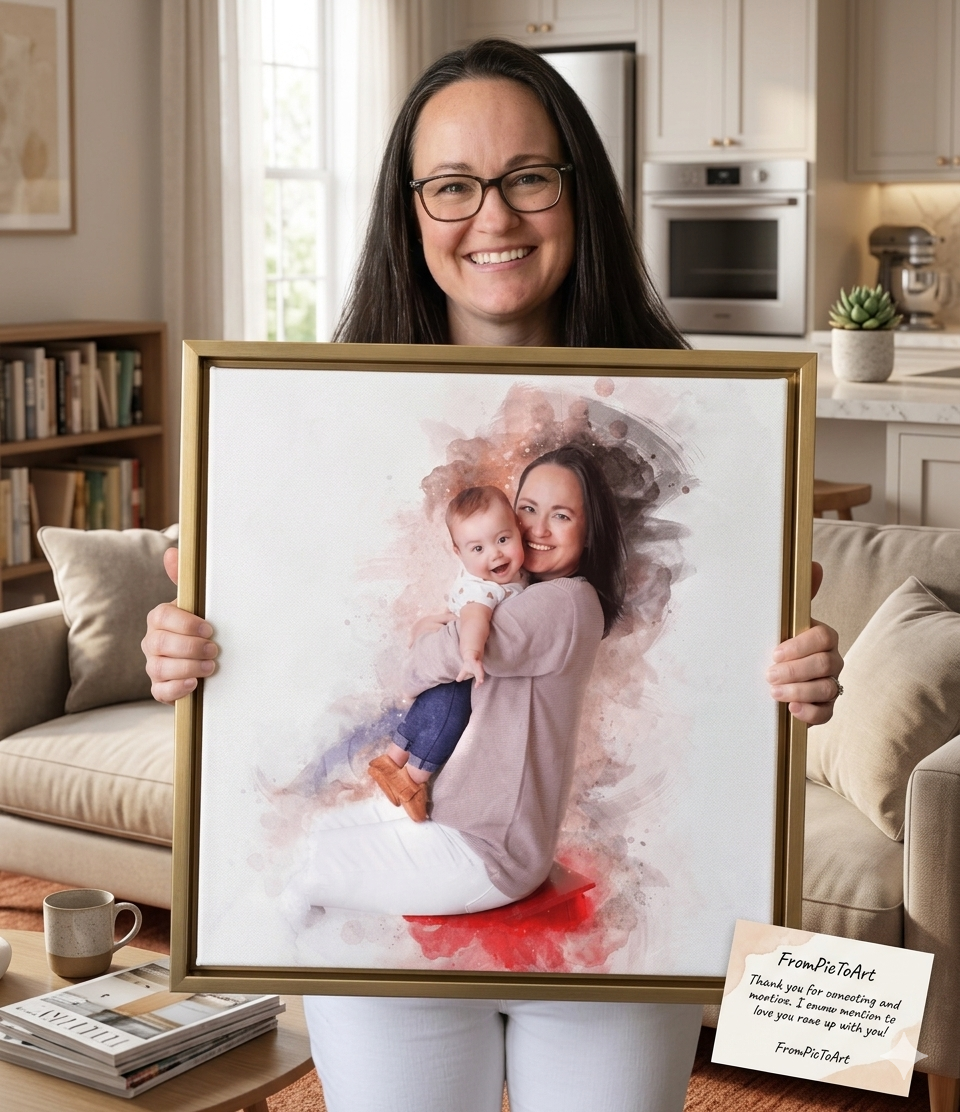 Woman holding a framed portrait of herself and a child in a home setting