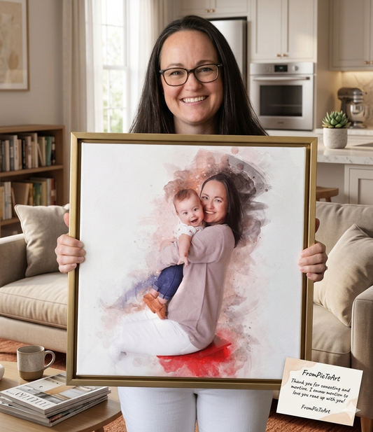 Woman holding a framed portrait of herself and a child in a home setting
