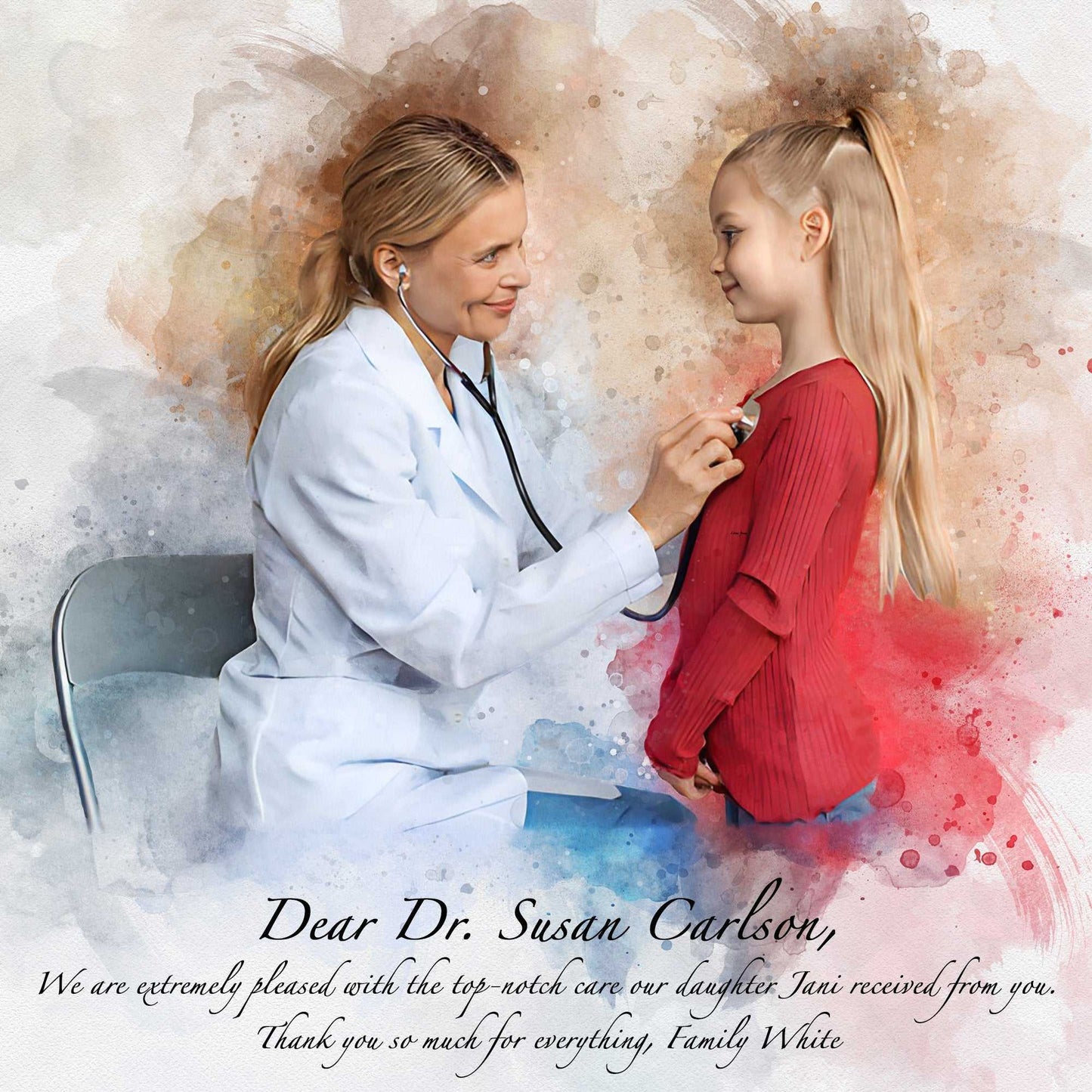A young female doctor and a young girl painted as a custom portrait on canvas