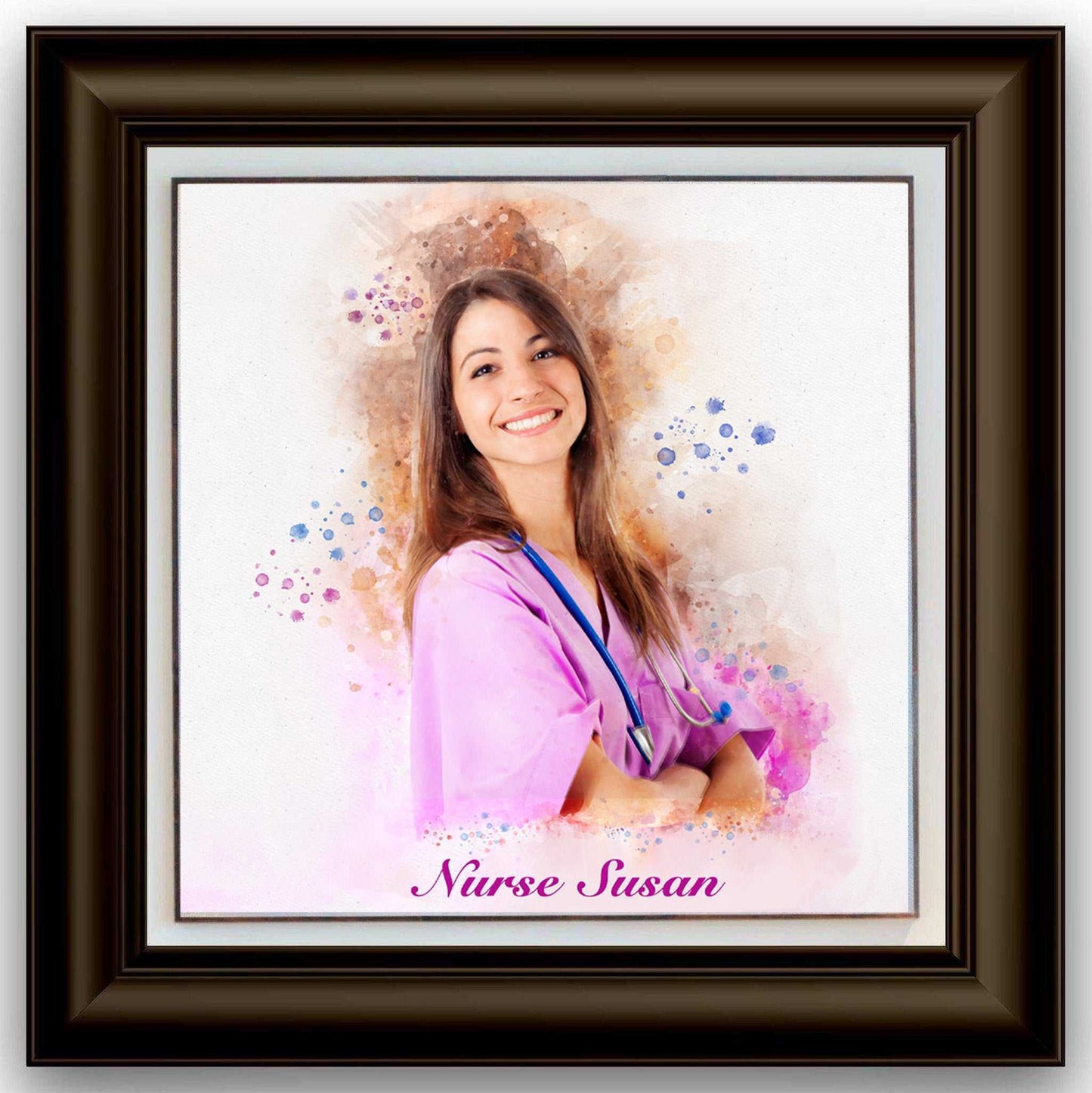 A custom-painted portrait as a nurse graduation gift shows a young nurse in a pink outfit.