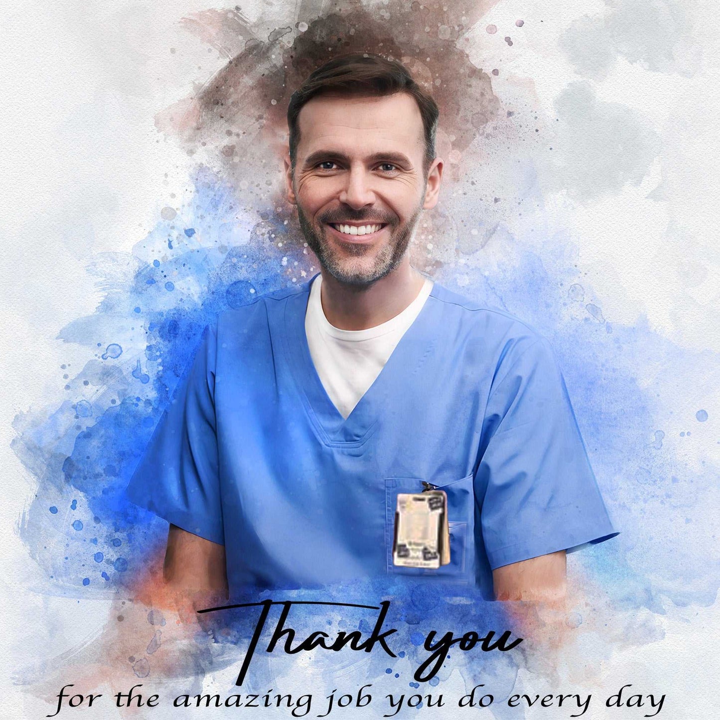 A smiling young male nurse in a blue outfit.