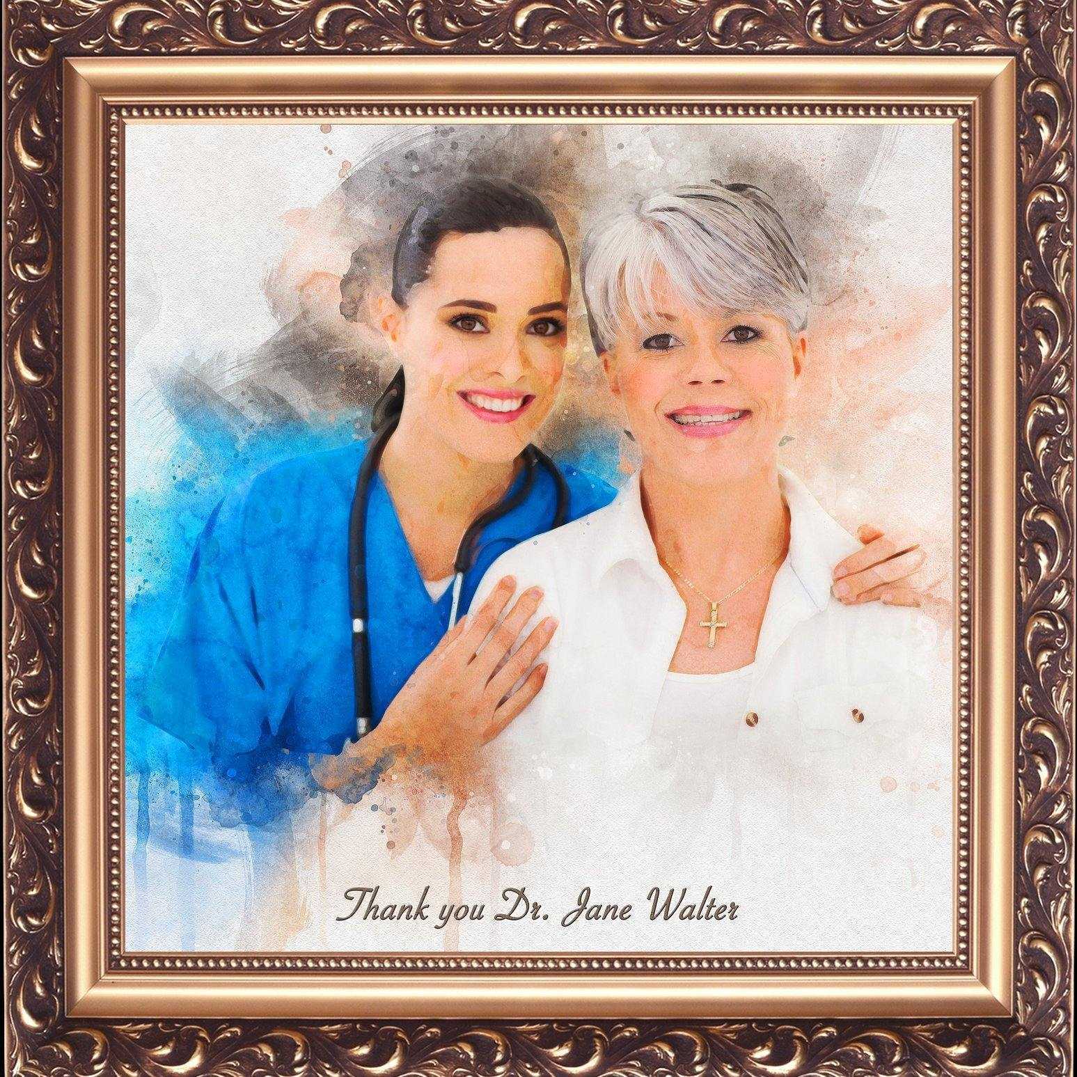 A nurse and a female doctor painted on canvas and framed with a fancy golden wood frame
