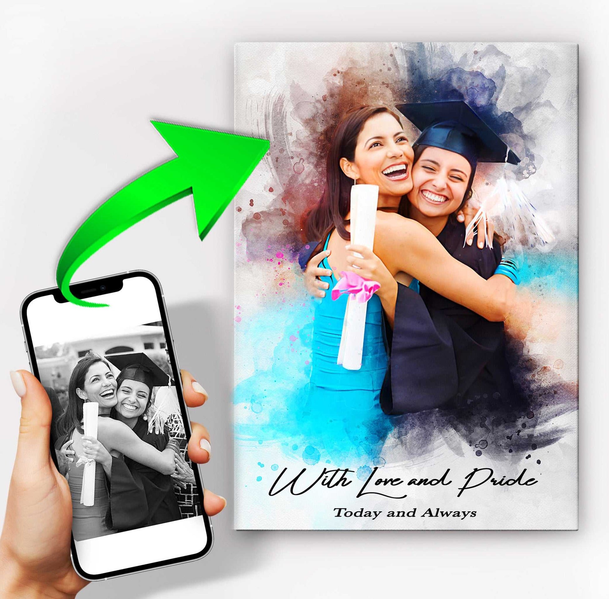 A custom portrait on canvas as a nurse graduation gift shows a young graduate hugging her mother.