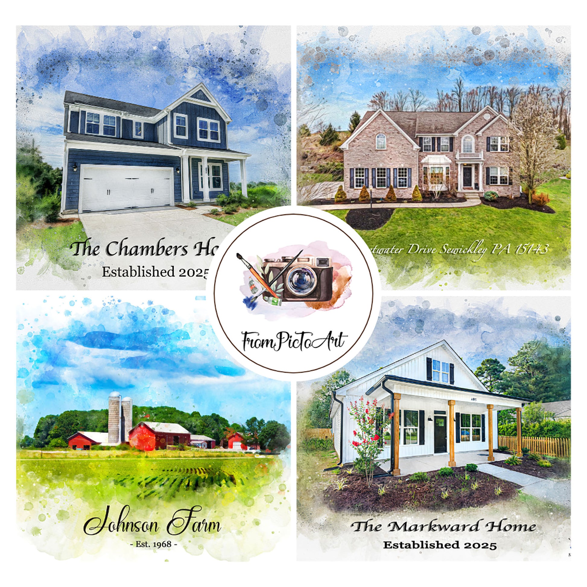 Collage of four house illustrations with 'From Picto Art' logo in the center.