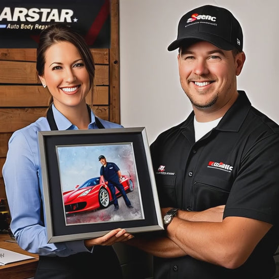 Video showing: Personalized Corporate Gift - Custom watercolor portrait for automotive employee appreciation, featuring staff holding a framed portrait with a "FromPicToArt" watermark.