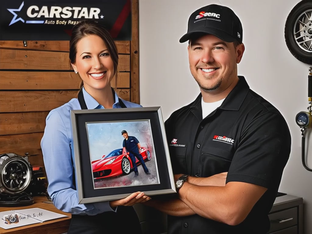 Video showing: Personalized Corporate Gift - Custom watercolor portrait for automotive employee appreciation, featuring staff holding a framed portrait with a "FromPicToArt" watermark.