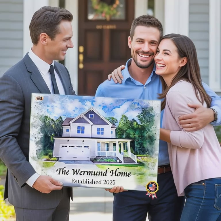 A realtor gives a Custom House Portrait to his clients, a young couple