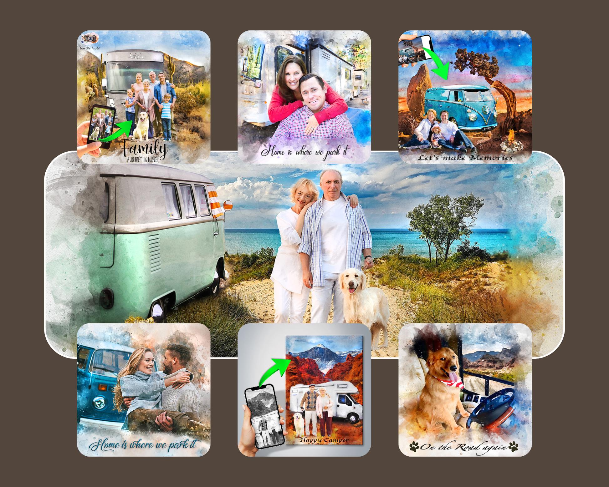 Collection of RV travel-themed portraits in state parks and beautiful natural settings, featuring families enjoying scenic landscapes — perfect personalized gift from FromPicToArt for camping and outdoor lovers.