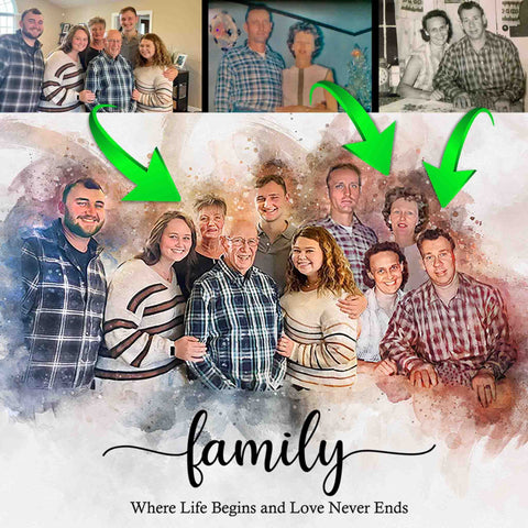 Three Generation Painting | Family Portrait From Multiple Photos | Merge Different Photos | Add Person or Pet to Photo - FromPicToArt