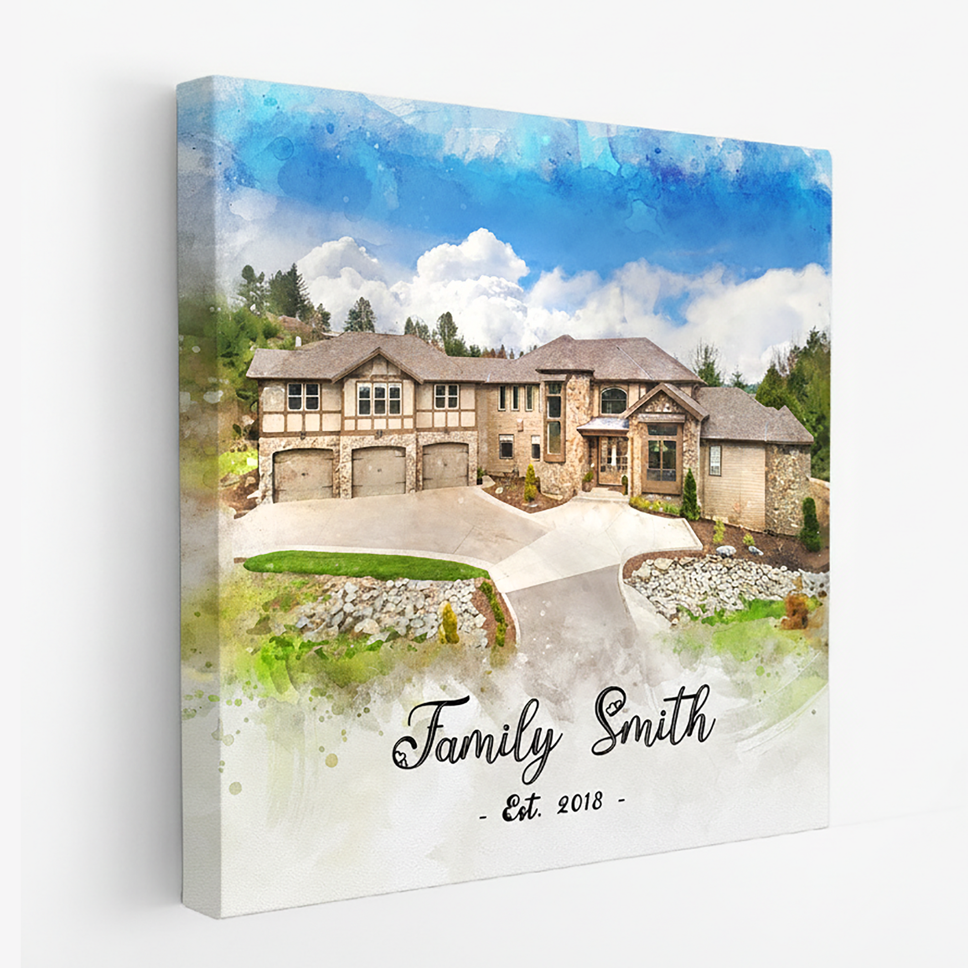 Canvas print of a house with 'Family Smith Est. 2018' text on a watercolor background