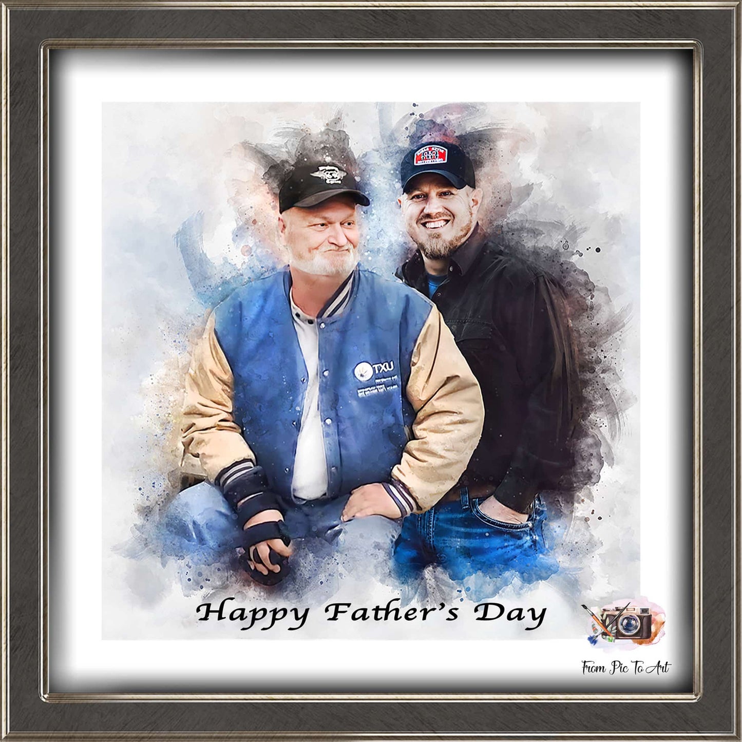 A framed family painting, styled as a watercolor, depicts two men. An older man on the left, wearing a blue and tan jacket and a cap, is looking towards the right with a slight smile. A younger man on the right, also wearing a cap and dark clothing, is smiling towards the viewer. The background features abstract watercolor splatters in blue and brown tones. Below the figures, the text "Happy Father's Day" is written.