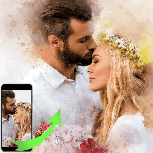 An artistic wedding portrait showing a groom kissing his bride's forehead, with a phone displaying the original photo and a green arrow indicating the transformation to a watercolor-like style. The bride wears a floral crown and holds a bouquet.